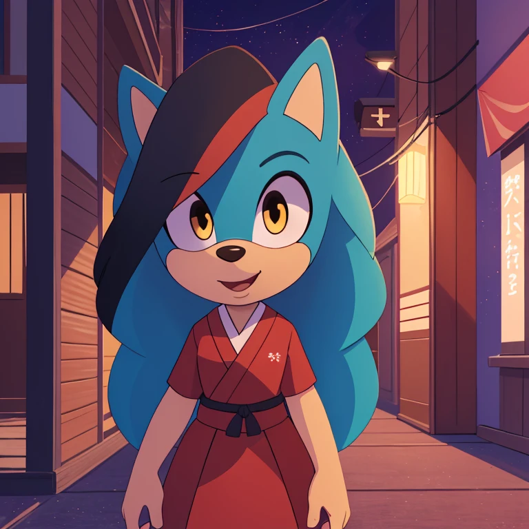 best quality, ultra-detailed, cinematic lighting, beautiful lighting, ((Masterpiece, humanoid hands)), hi res, detailed, detailed background, vibrant lighting, high quality, cartoon style, 2d, (mobian:1.1), solo, 1girl, (blue mobian hedgehog), blue body fur, (blue head spikes, black highlights:1.3), three tails, yellow eyes, lean body, ((wearing red Kimino)), ((japanies houses)), ((celebrating)), happy