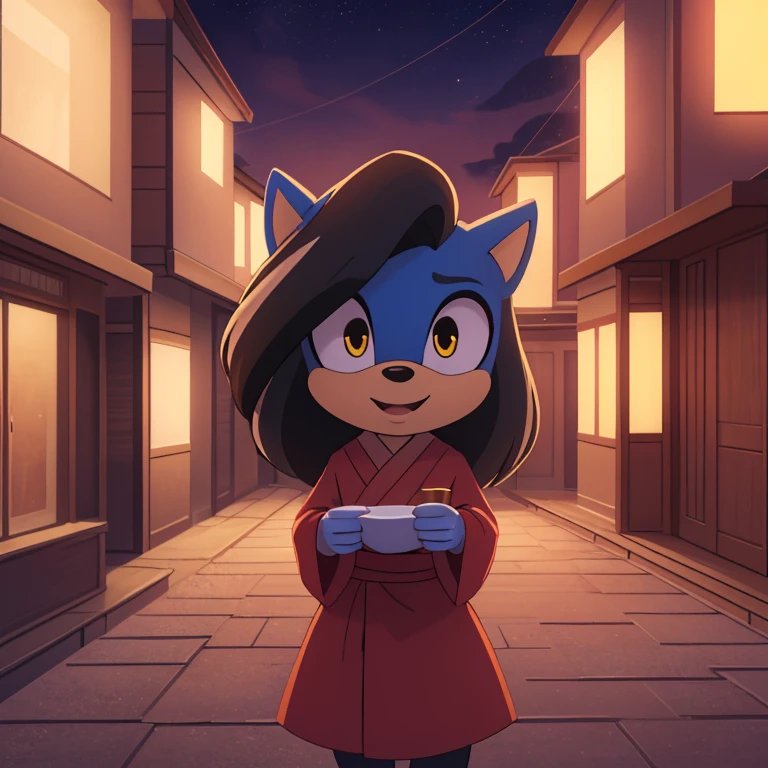 best quality, ultra-detailed, cinematic lighting, beautiful lighting, ((Masterpiece, humanoid hands)), hi res, detailed, detailed background, vibrant lighting, high quality, cartoon style, 2d, (mobian:1.1), solo, 1girl, (blue mobian hedgehog), blue body fur, (blue head spikes, black highlights:1.3), three tails, yellow eyes, lean body, ((wearing red Kimino)), ((japanies houses)), ((celebrating)), happy