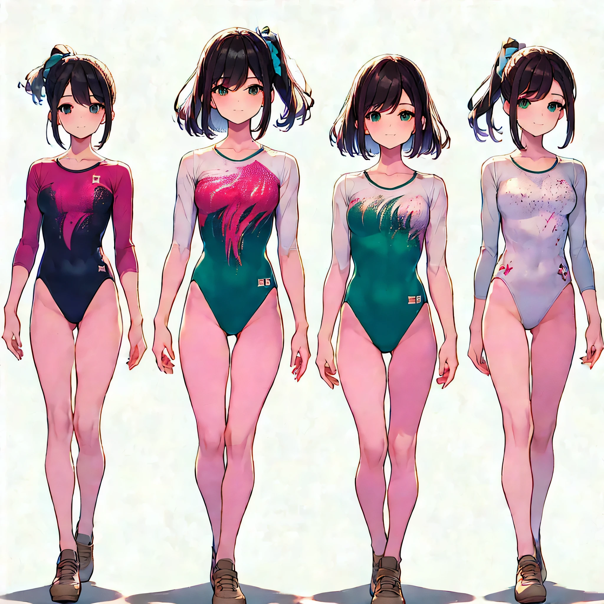 ((full body)),(masterpiece, best quality), (2 girls1.5) ,((Contrapposto:1.5)), looking at viewer, walking,((v_arms:1.2)), (wearing gymnastics_longsleeves_leotard_outfit leotard:1.3),(simple leotard:1.3),(green leotard:1.3) ,((plaid print:1.3)), BREAK masterpiece black hair, ((long hair:1.2)), ((parted bangs:1.3)), black eyes, good hand, ((small breasts)), (over 20 years old, under 25 years old:1.2), , spotlight, happy, smile, BREAK white background