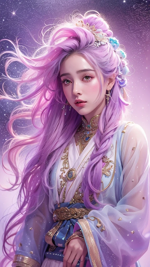 (((Single eyelid)))Snow hoop exclusion area 32K(tmasterpiece,k hd,hyper HD,32K)Long flowing purple-pink hair,Autumn Pond,zydink, a color, Tongzhou people (Girl with glowing eyes), (Thin silk scarf), Side squat position, looking at the ground, long whitr hair, Floating hair, Python headdress, Chinese long-sleeved clothing, (abstract ink splash:1.2), white backgrounid,Lotus protector(realisticlying:1.4),Purple-pink hair,Snowflakes fluttering,The background is pure, A high resolution, the detail, RAW photogr, Sharp Re, Nikon D850 Film Stock Photo by Jefferies Lee 4 Kodak Portra 400 Camera F1.6 shots, Rich colors, ultra-realistic vivid textures, Dramatic lighting, Unreal Engine Art Station Trend, cinestir 800,Long flowing purple-pink hair,((masterpiece)). This artwork is sweet, dreamy and ethereal, with soft pink watercolor hues and candy accents. Generate a delicate and demure fae exploring a (bubblegum world with a wide variety of pastel shades). Her sweet face is extremely detailed and realistic with elegant features and a fierce expression, and looks like ((((naomi scott)))). Include mature features and stunning, highly realistic eyes. Her eyes are important and should be realistic, highly detailed, and beautiful. In high definition and detail, include lots of details like stars, galaxies, colorful bubbles, colorful petals, and lots of energy and emotion! The stars and colorful bubblegum bubbles are important! Include fantasy details, enhanced details, iridescence, colorful glittering wind, and pollen. Pay special attention to her face and make sure it is beautifully and realistically detailed. The image should be dreamy and ethereal.8k, intricate, elegant, highly detailed, majestic, digital photography