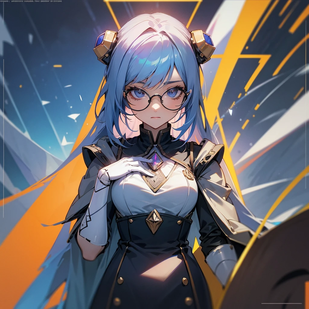 A character sheet, a sketch of a DND character, a vector semi realistic style with clear prism lines, an inventor girl with big glasses and robotic hands, her hair is a mess, stunning detail, a complex design of many contrasting elements, grotesque, lamination, many details, prism colors