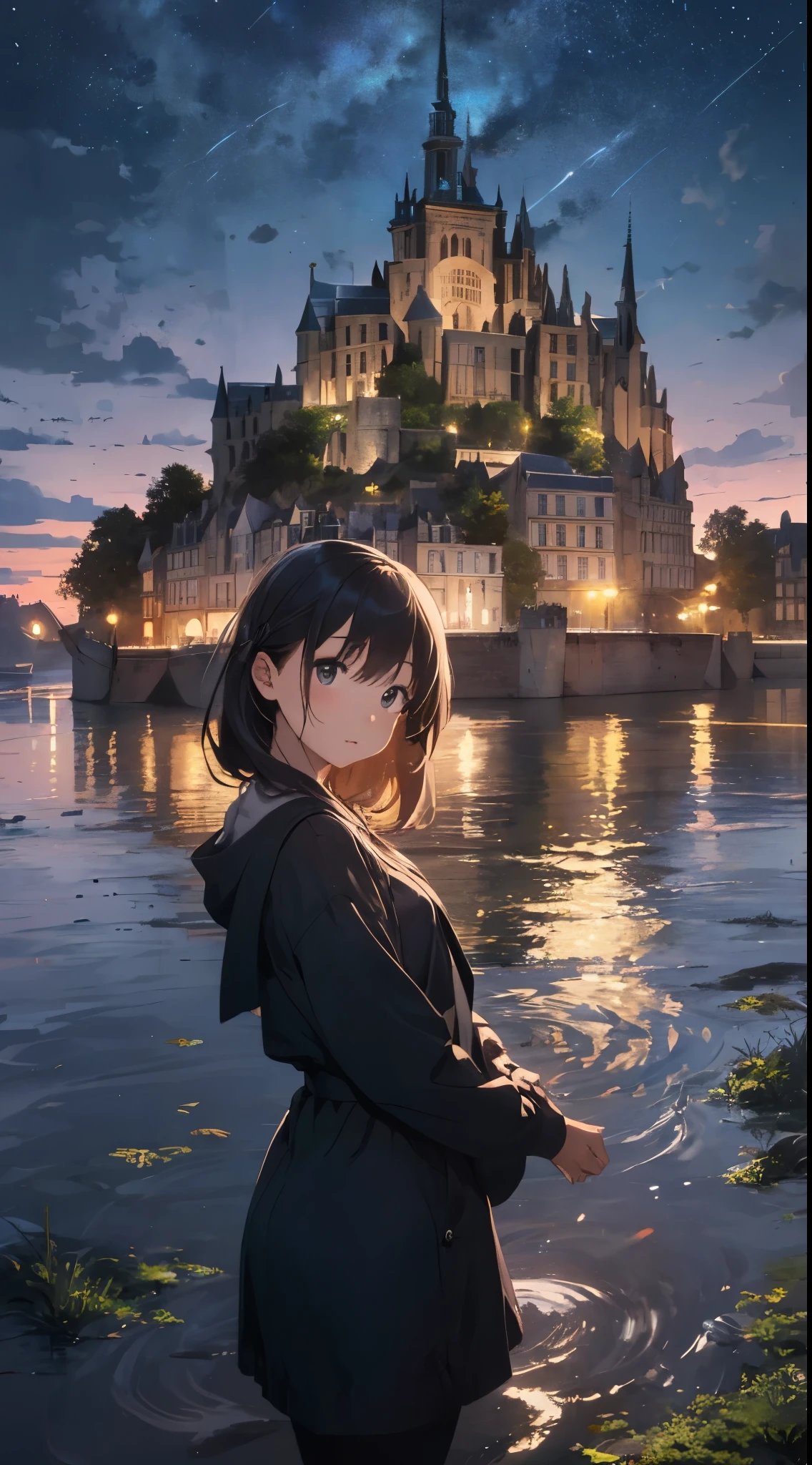 Create a masterpiece image set in Mont Saint-Michel and its bay at night。The scene is enveloped in the soft glow of moonlight、Cast long shadows、Illuminate the ancient architecture of the monastery。This girl is beautiful and adorable。She was exploring the historic site, wide-eyed in surprise。 She wears traditional costume and、The fabric is painted with maximum realism.、Different textures are emphasized。Her skin is also rendered in great detail、Captures subtle changes in texture and color。 The bay around her is calm and、The surface of the water plays the role of a mirror、It reflects the moonlight and the silhouette of Mont Saint-Michel。Delicately depicting the reflection of the water surface、Captures subtle ripples and play of light。 The girl was looking up at the camera curiously.、Gives the impression that the viewer is looking down on her。This sense of perspective is、It can be achieved using the fisheye effect to distort the image to create a wide panoramic or hemispherical view。 The overall quality of the image must be of the highest standard、Emphasis on enhancing the quality of details。The final artwork is、With the innocence of the girl、Mont Saint-Michel and its timeless beauty at night will be a celebration of the bay。