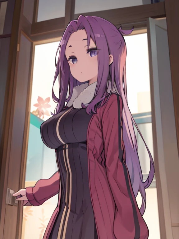 masterpiece, highest quality、Super Detail、Close-up of face、Beautiful eyes、1　Mature Woman、(kagamihara sakura)、Purple Hair、long hair、The forehead is visible、Big Breasts、Huge breasts、Thick jacket、in the forest、Watching the audience、Calm face、cool、Are standing、