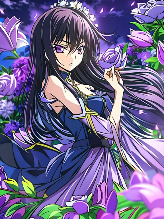 masterpiece, best quality, 1 girl,solo,codegeass,lelouch,Feminization、Feminization,18-year-old、 Long Hair、Black Hair、beautiful purple eyes、Beautiful Hair、170cm, Small waist、Beautiful breasts、A purple summer dress that reflects the whole body、Blue rose corsage