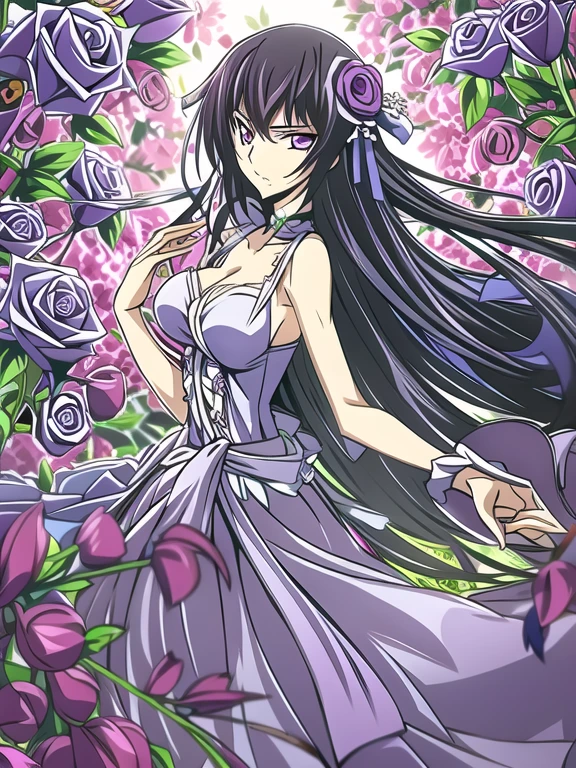 masterpiece, best quality, 1 girl,solo,codegeass,lelouch,Feminization、Feminization,18-year-old、 Long Hair、Black Hair、beautiful purple eyes、Beautiful Hair、170cm, Small waist、Beautiful breasts、A purple summer dress that reflects the whole body、Blue rose corsage