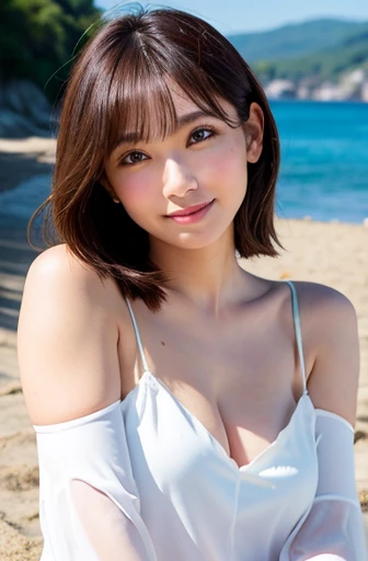 (Captured by a professional photographer:1.2), high quality, Realistic, Best image quality:1.3, (RAW Photos:1.1), Amateur models, (Accurate skeleton:1.2), (Attention to detail:1.1), 30 years old, Japanese women,(Beach), (White blouse:1.2, hot pants:1.2),Off the shoulder, barefoot, Looking at the camera:1.1, look at the person you like, Gentle expression, Thighs are visible, Warm sunshine,(Detailed eyes:1.1), (Detailed hand), (Detailed feet), smile:0.2, Cleavage:0.2, Medium chest,
