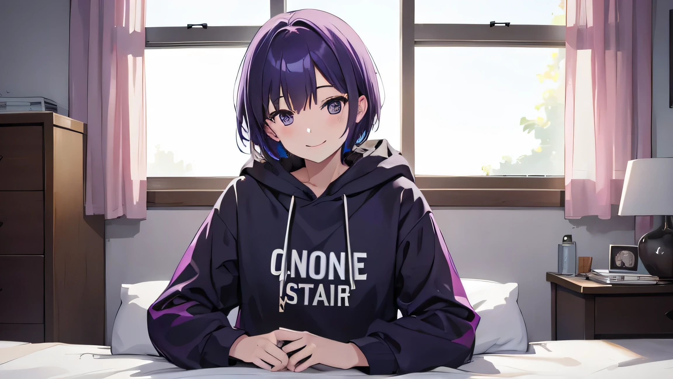 (T Masterpiece,4k wallpaper,Best Quality))、((girl1people))、(solo)、Bright and Brilliant,(Purple Hair)、(Shortcuts:1.3)、smile、Bedroom、hoodie