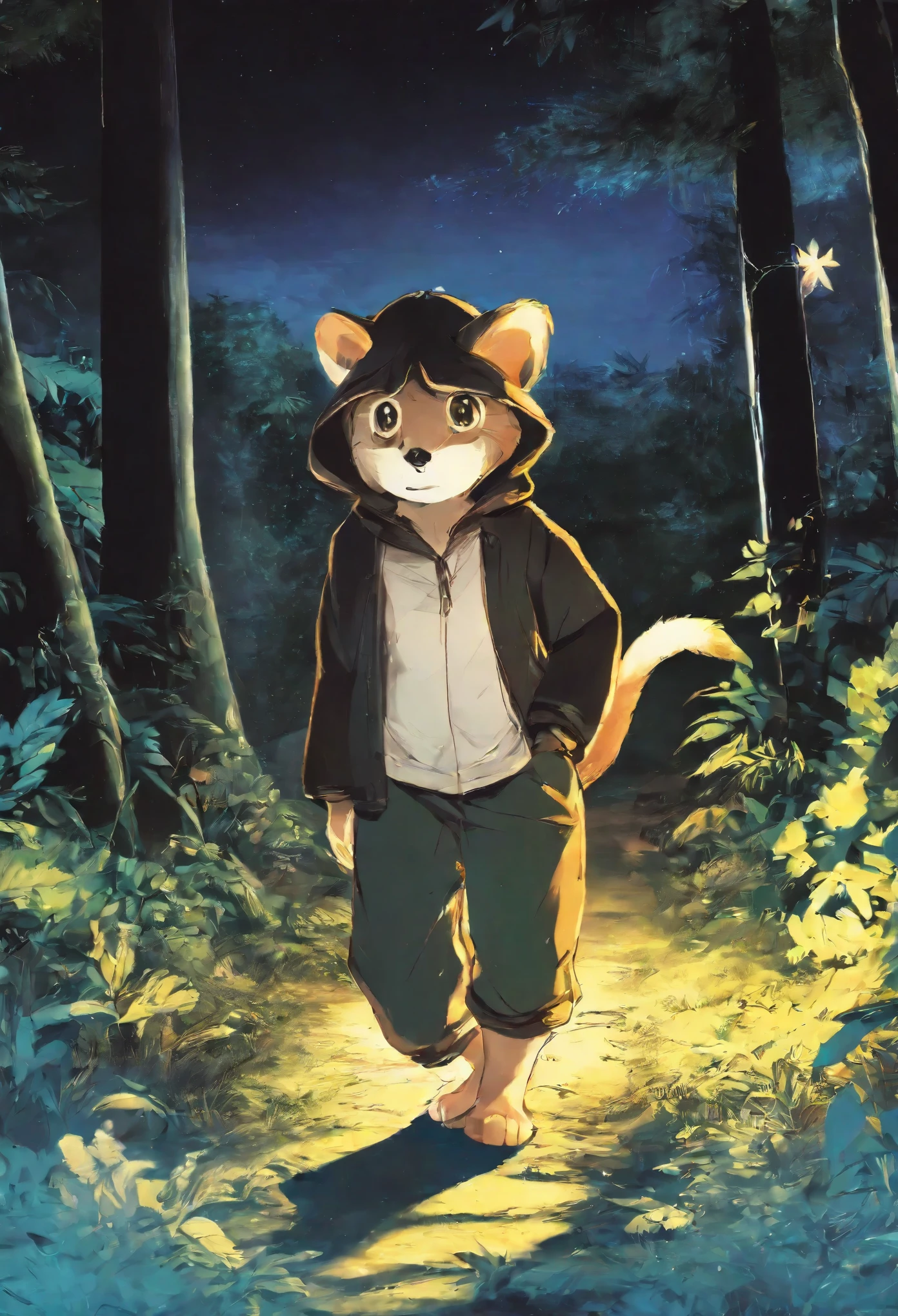 masterpiece, Walking through the firefly-filled jungle at night(1boy, kemono, furry)(Attention to detail:1 1), high quality, Browsing Caution, Beautiful Eyes(detailed face and eyes)Sharp focus, Contrast lighting, Crazy Details, Soft lighting, high quality, Film Grain,