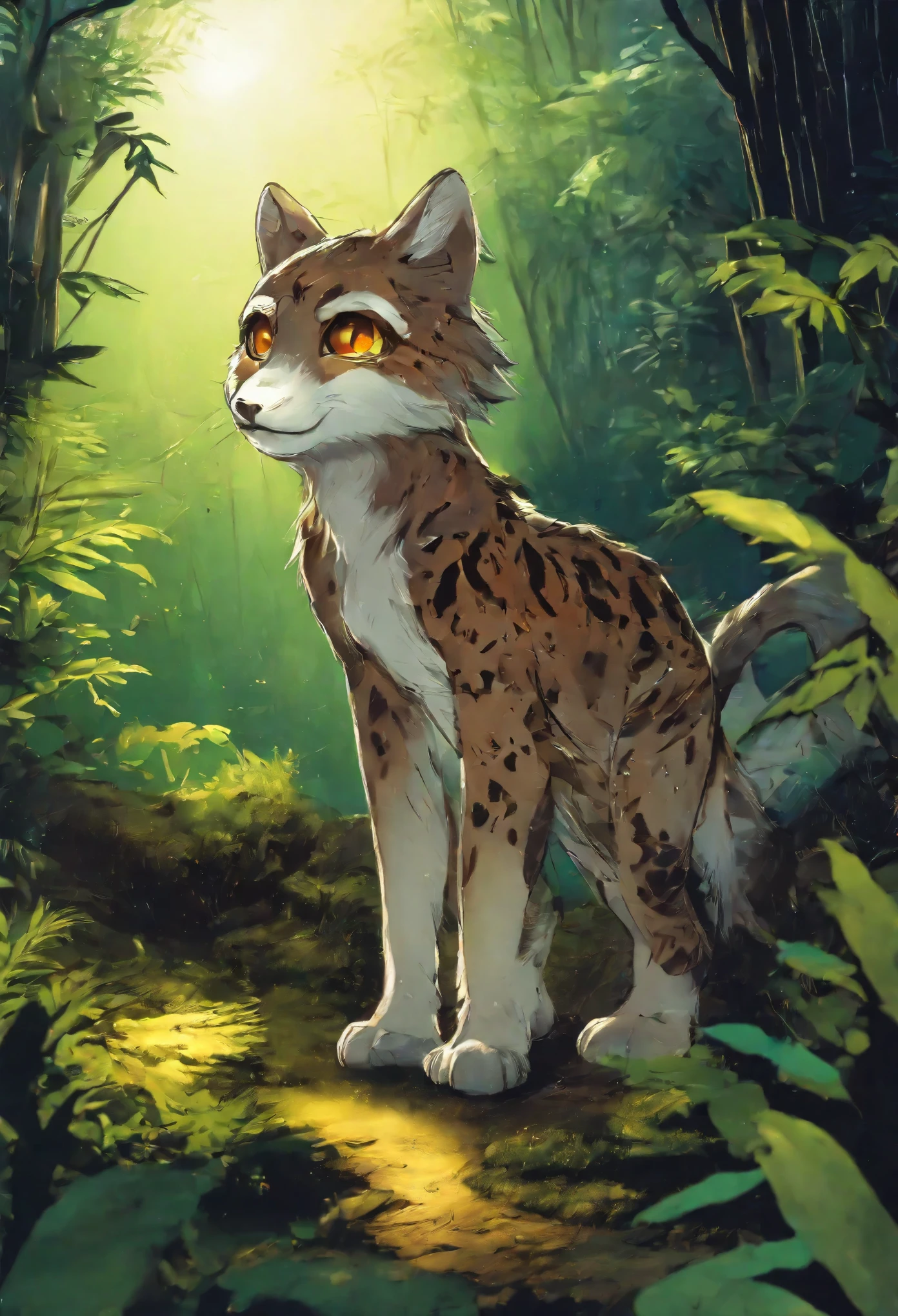 masterpiece, Walking through the firefly-filled jungle at night(1boy, kemono, furry)(Attention to detail:1 1), high quality, Browsing Caution, Beautiful Eyes(detailed face and eyes)Sharp focus, Contrast lighting, Crazy Details, Soft lighting, high quality, Film Grain,