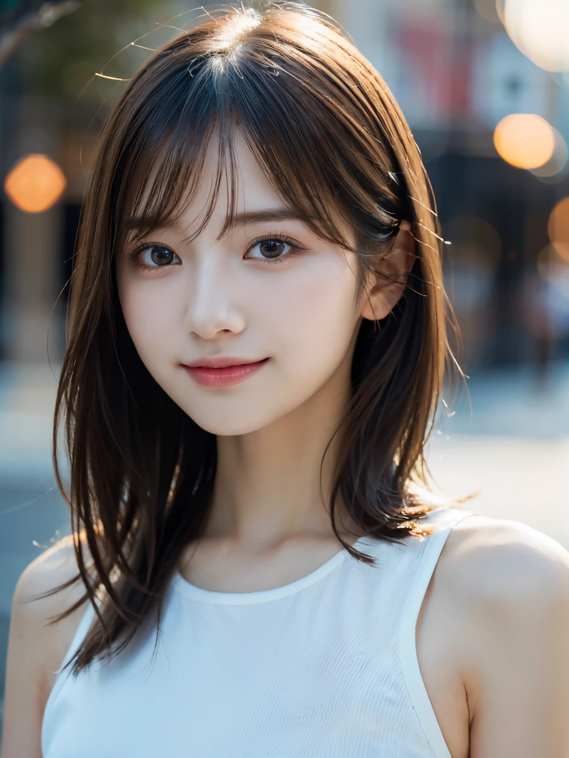 1 girl, (RAW Photos, highest quality), (Realistic, Photorealistic:1.4), Very delicate and beautiful, Very detailed, 8k wallpaper, wonderful, finely, Very detailed CG Unity, High resolution, Soft Light, Beautiful and detailed 19 year old girl, Very detailedな目と顔, Beautiful and detailed nose, finelyて美しい目, Small Mouth, Cinema Lighting, Perfect Anatomy, Slender body,smile