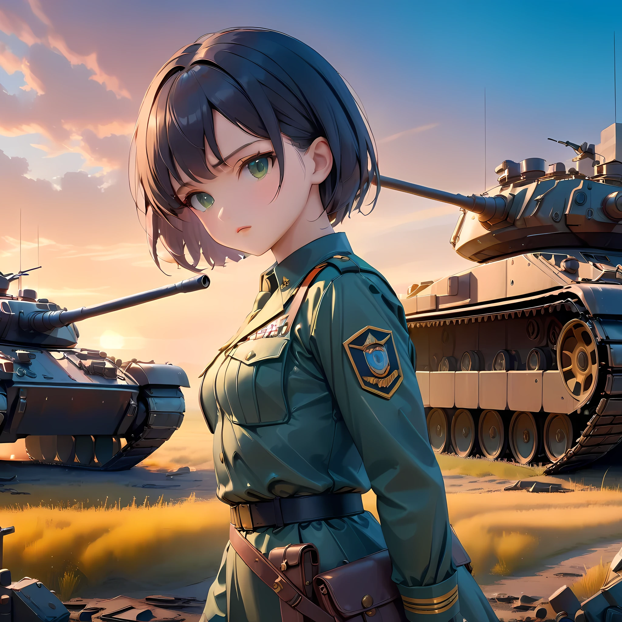 1 girl, young sister taste, jet black short hair, deep green eyes, small breasts, , wearing military uniform, strategy meeting aside panzer, dawn, prepareting for assult, serious face, officer, battle field, (((Post-apocalyptic fiction))), retro future, lost technology, science fiction, 32k, ((masterpiece, best quality, ultra-detailed, an extremely delicate and beautiful)), ((extremely detailed CG unity 8k wallpaper)), ((award winning, ccurate, UHD, textured skin, chromatic aberration, perfect anatomy, golden ratio)), (concept art), (exquisite attention to detail), ((perfect_composition, perfect_design, perfect_layout, perfect_detail, ultra_detailed)), ((aesthetic harmony))