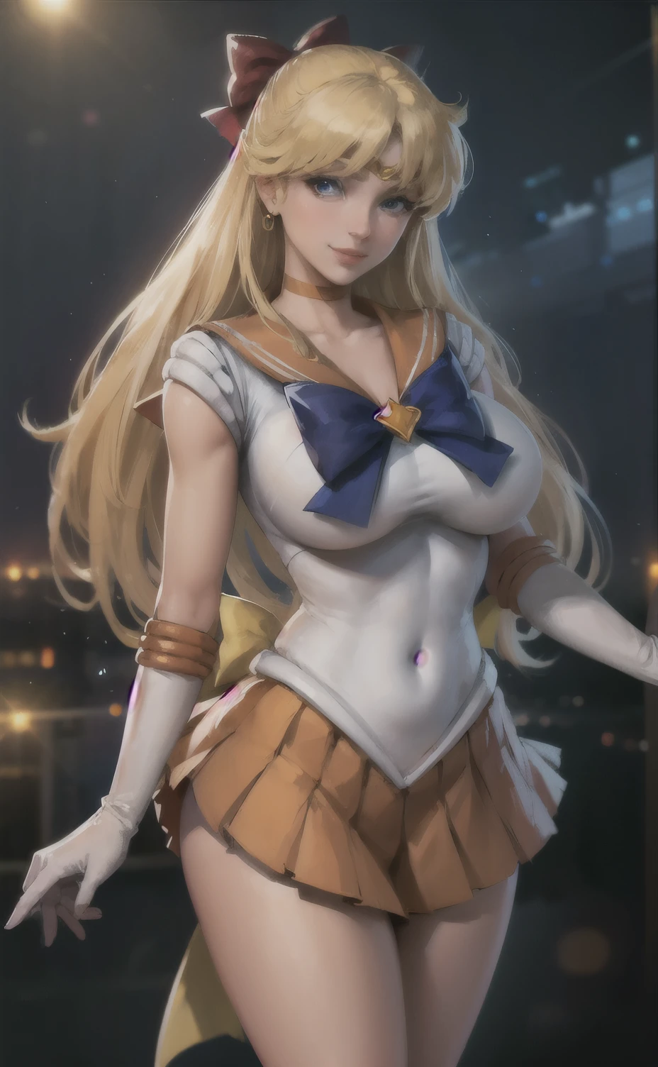 beautiful, masterpiece, best quality, masterpiece, best quality, highres, venus1, 1girl, solo, sailor senshi uniform, sailor venus, aino minako, blonde hair, magical girl, blue eyes, orange skirt, elbow gloves, tiara, pleated skirt, hair bow, orange sailor collar, miniskirt, choker, red bow, orange choker, white gloves, very long hair, jewelry, earrings, cowboy shot, smile,long legs,High heel,Standing,huge breasts