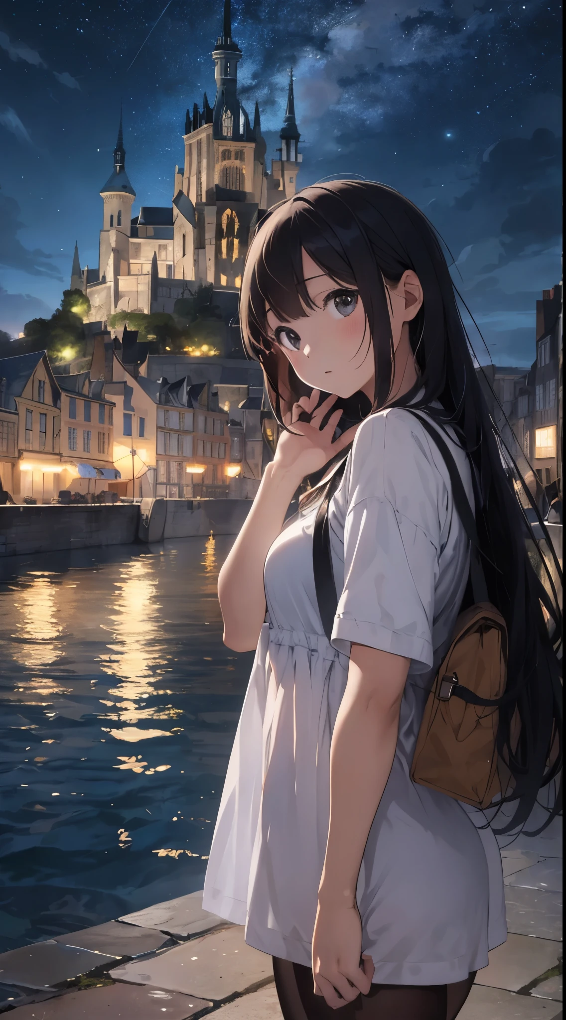 Create a masterpiece image set in Mont Saint-Michel and its bay at night。The scene is enveloped in the soft glow of moonlight、Cast long shadows、Illuminate the ancient architecture of the monastery。This girl is beautiful and adorable。She was exploring the historic site, wide-eyed in surprise。 She wears traditional costume and、The fabric is painted with maximum realism.、Different textures are emphasized。Her skin is also rendered in great detail、Captures subtle changes in texture and color。 The bay around her is calm and、The surface of the water plays the role of a mirror、It reflects the moonlight and the silhouette of Mont Saint-Michel。Delicately depicting the reflection of the water surface、Captures subtle ripples and play of light。 The girl was looking up at the camera curiously.、Gives the impression that the viewer is looking down on her。This sense of perspective is、It can be achieved using the fisheye effect to distort the image to create a wide panoramic or hemispherical view。 The overall quality of the image must be of the highest standard、Emphasis on enhancing the quality of details。The final artwork is、With the innocence of the girl、Mont Saint-Michel and its timeless beauty at night will be a celebration of the bay。