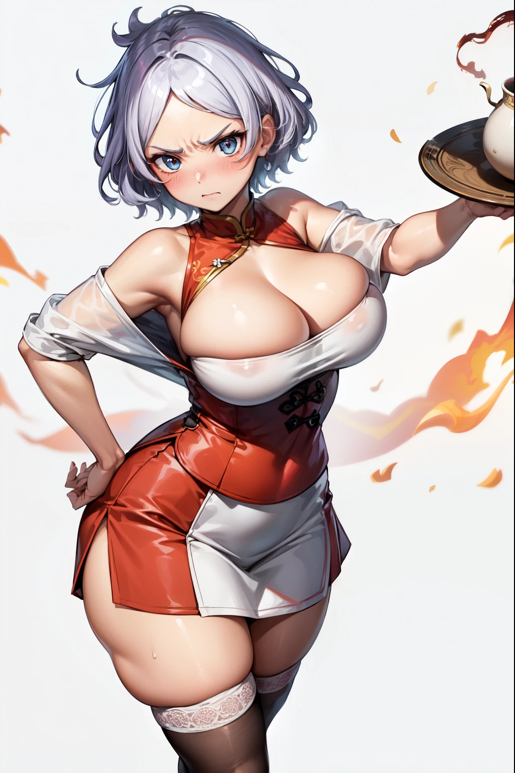 (Masterpiece, High Quality, Top quality, High-Detailed, Detailed CG, Cinematic Shadow, Cinematic Scene, Beautiful Detailed Eyes, Ultra Resolution, Depth of Field), Looking At The Audience, Looking At Below, (Blush Expression:1.2), (Angry Expression:1.2), (Erotic Expression:1.0), Blue Eye, Silver Hair, White Hair, Short Hair, Five Fingers, Good Composition, Bare Shoulder, (Chinese Dress:1.0), ()Short-Skirt Chinese Dress:0.7), (Short Skirt:1.2), Thicc Thighs, Thick, Large Breasts, Huge Breast, Holding a Plate, Dark Background, Blur Background, Castle Background, European Building Background