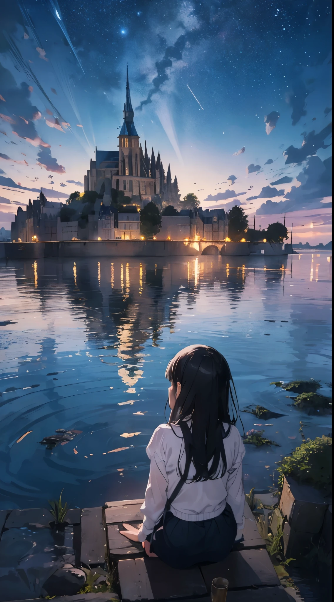Create a masterpiece image set in Mont Saint-Michel and its bay at night。The scene is enveloped in the soft glow of moonlight、Cast long shadows、Illuminate the ancient architecture of the monastery。This girl is beautiful and adorable。She was exploring the historic site, wide-eyed in surprise。 She wears traditional costume and、The fabric is painted with maximum realism.、Different textures are emphasized。Her skin is also rendered in great detail、Captures subtle changes in texture and color。 The bay around her is calm and、The surface of the water plays the role of a mirror、It reflects the moonlight and the silhouette of Mont Saint-Michel。Delicately depicting the reflection of the water surface、Captures subtle ripples and play of light。 The girl was looking up at the camera curiously.、Gives the impression that the viewer is looking down on her。This sense of perspective is、It can be achieved using the fisheye effect to distort the image to create a wide panoramic or hemispherical view。 The overall quality of the image must be of the highest standard、Emphasis on enhancing the quality of details。The final artwork is、With the innocence of the girl、Mont Saint-Michel and its timeless beauty at night will be a celebration of the bay。
