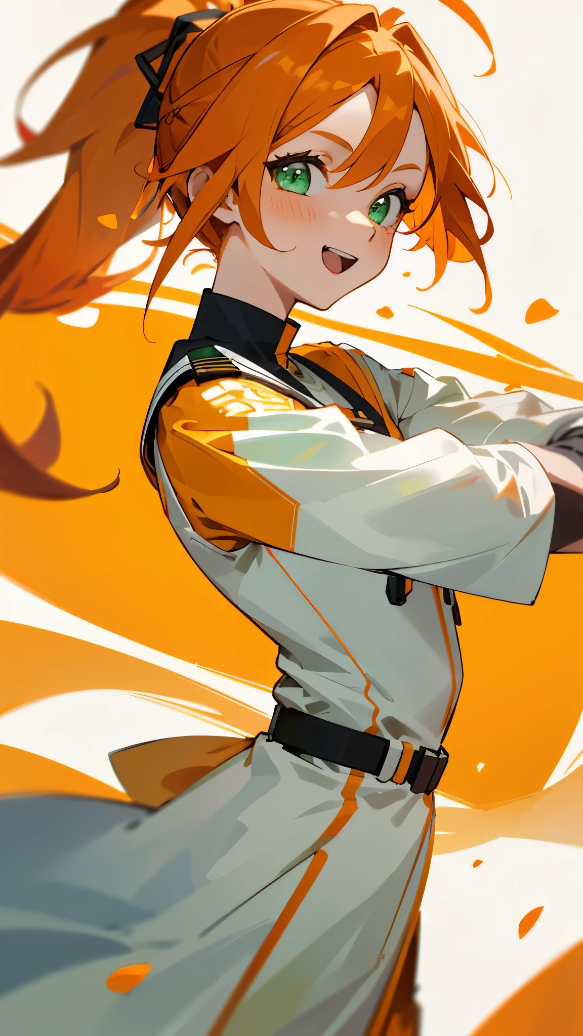 1 Girl、Orange-themed clothing、Orange Hair、ponytail、beautiful green eyes、A look of intense joy on one's face、From the side、white uniform with golden decorations、Upper body close-up