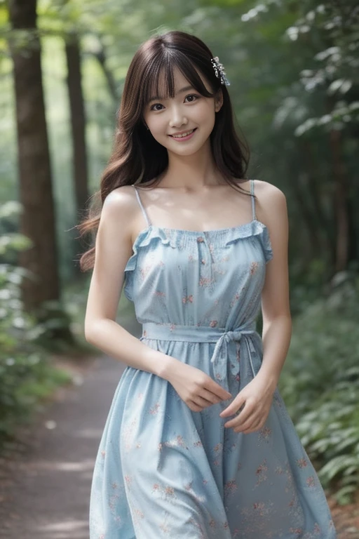 リアルな写真image quality、８ｋimage quality、Contrast is a little high、A woman in a light blue mini dress walking along a forest path, Dressed in a nice dress２０Old Japanese woman, adorable and cute, Pastel Blue, Tube top dress, Ruffled Costume、Attractive Japanese woman、Happy expression、gentle expression、Slightly large chest、Brunette medium-long hair、morning clear々new light、Professional Lighting、looking at the camera: 1.8