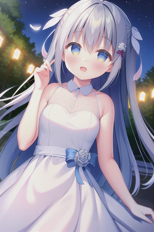 Absurd, high quality, Game CG, One girl, Long Hair, Wedding dress, Outdoor, Night Sky, Falling feathers, Upper Body