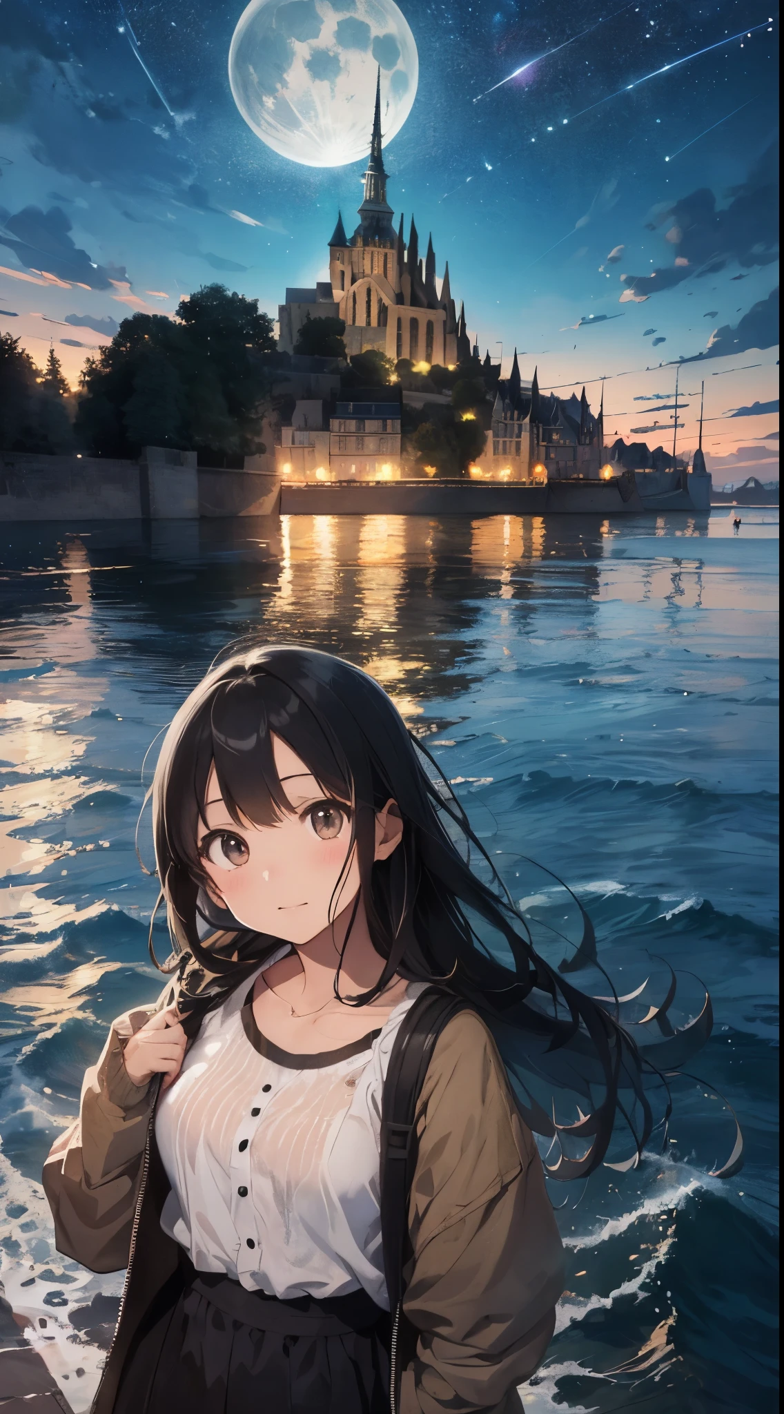 Create a masterpiece image set in Mont Saint-Michel and its bay at night。The scene is enveloped in the soft glow of moonlight、Cast long shadows、Illuminate the ancient architecture of the monastery。This girl is beautiful and adorable。She was exploring the historic site, wide-eyed in surprise。 She wears traditional costume and、The fabric is painted with maximum realism.、Different textures are emphasized。Her skin is also rendered in great detail、Captures subtle changes in texture and color。 The bay around her is calm and、The surface of the water plays the role of a mirror、It reflects the moonlight and the silhouette of Mont Saint-Michel。Delicately depicting the reflection of the water surface、Captures subtle ripples and play of light。 The girl was looking up at the camera curiously.、Gives the impression that the viewer is looking down on her。This sense of perspective is、It can be achieved using the fisheye effect to distort the image to create a wide panoramic or hemispherical view。 The overall quality of the image must be of the highest standard、Emphasis on enhancing the quality of details。The final artwork is、With the innocence of the girl、Mont Saint-Michel and its timeless beauty at night will be a celebration of the bay。
