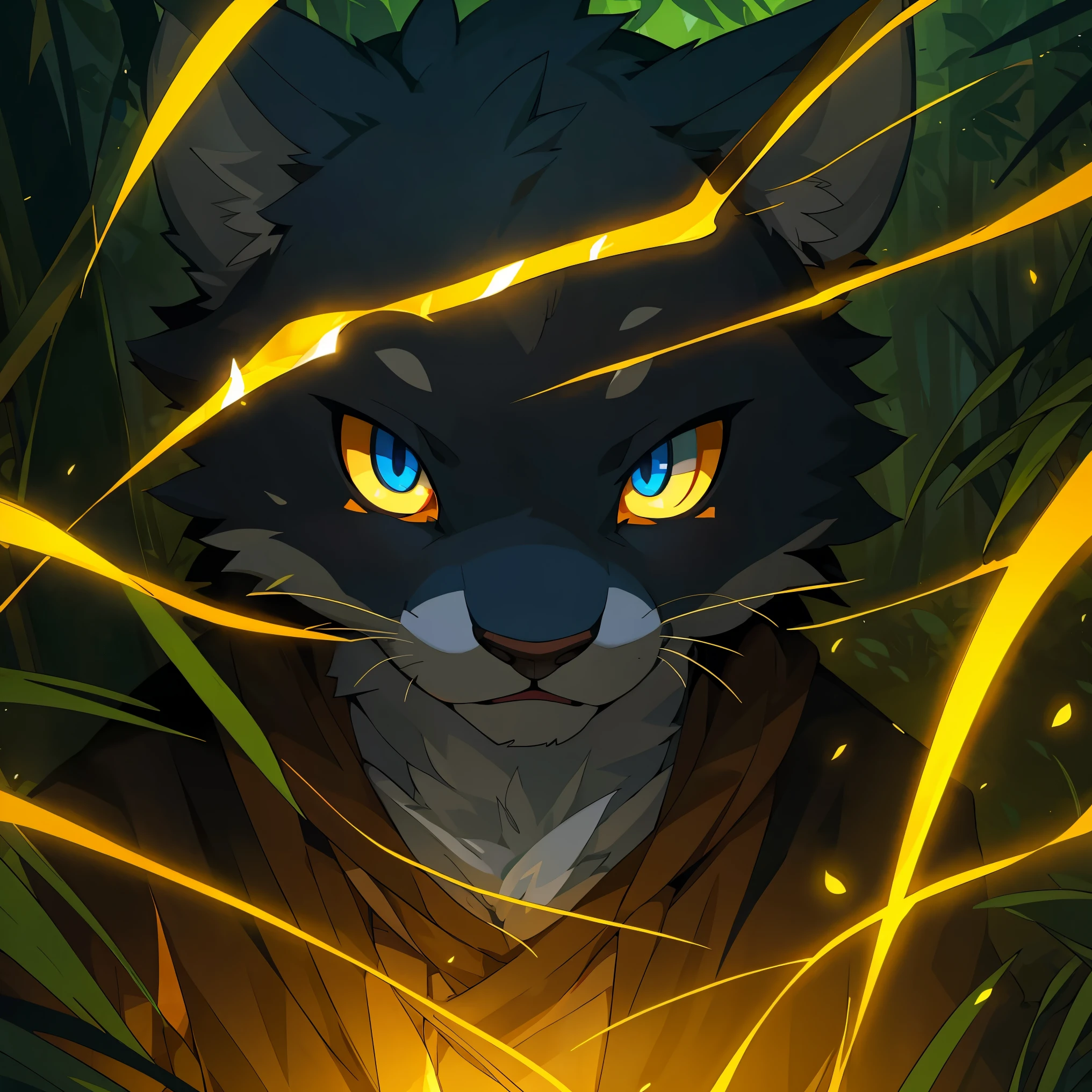 masterpiece, Walking through the firefly-filled jungle at night(1boy, kemono, furry)(Attention to detail:1 1), high quality, Browsing Caution, Beautiful Eyes(detailed face and eyes)Sharp focus, Contrast lighting, Crazy Details, Soft lighting, high quality, Film Grain,