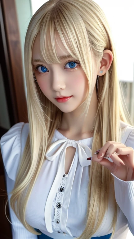 highest quality Shining, clear, white skin、Her windblown blonde hair hides her beautiful face、huge、20 years old cute sexy little beautiful face、Beautiful straight hair that stands out、growing up, Sparkling light blue eyes、long silky bangs that cover cute eyes, Sexy and cute young woman with super long hair hiding her sexy face、Super long, natural platinum blonde shiny hair Beautiful bangs that cover the forehead and reach the eyebrows Beautiful chest whole body Lower Body Overall image Sensual pose They are trying to seduce me. A devilish look peace sign Gothic Lolita Costume Trying to kiss her with her beautiful lips Sticking out her buttocks