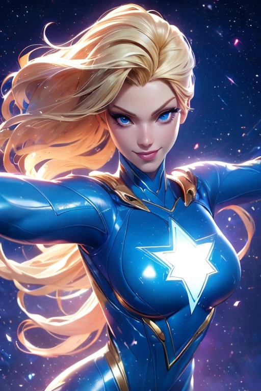 Elsa-Super Man Fusion, Superman clothes, Elsa's blond hair, 1girl, Latex bodysuit, Beautiful, (master part:1.2), (best quality:1.2), ((fighting pose)), ((field battle)), cinemactic, perfect eyes, perfect skin, perfect lighting, smile, warm stars light, galaxy background, color, textured skin, detail, beauty, wonder, ultra-detailed, perfect face