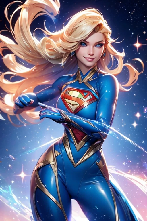 Elsa-Super Man Fusion, Superman clothes, Elsa's blond hair, 1girl, Latex bodysuit, Beautiful, (master part:1.2), (best quality:1.2), ((fighting pose)), ((field battle)), cinemactic, perfect eyes, perfect skin, perfect lighting, smile, warm stars light, galaxy background, color, textured skin, detail, beauty, wonder, ultra-detailed, perfect face