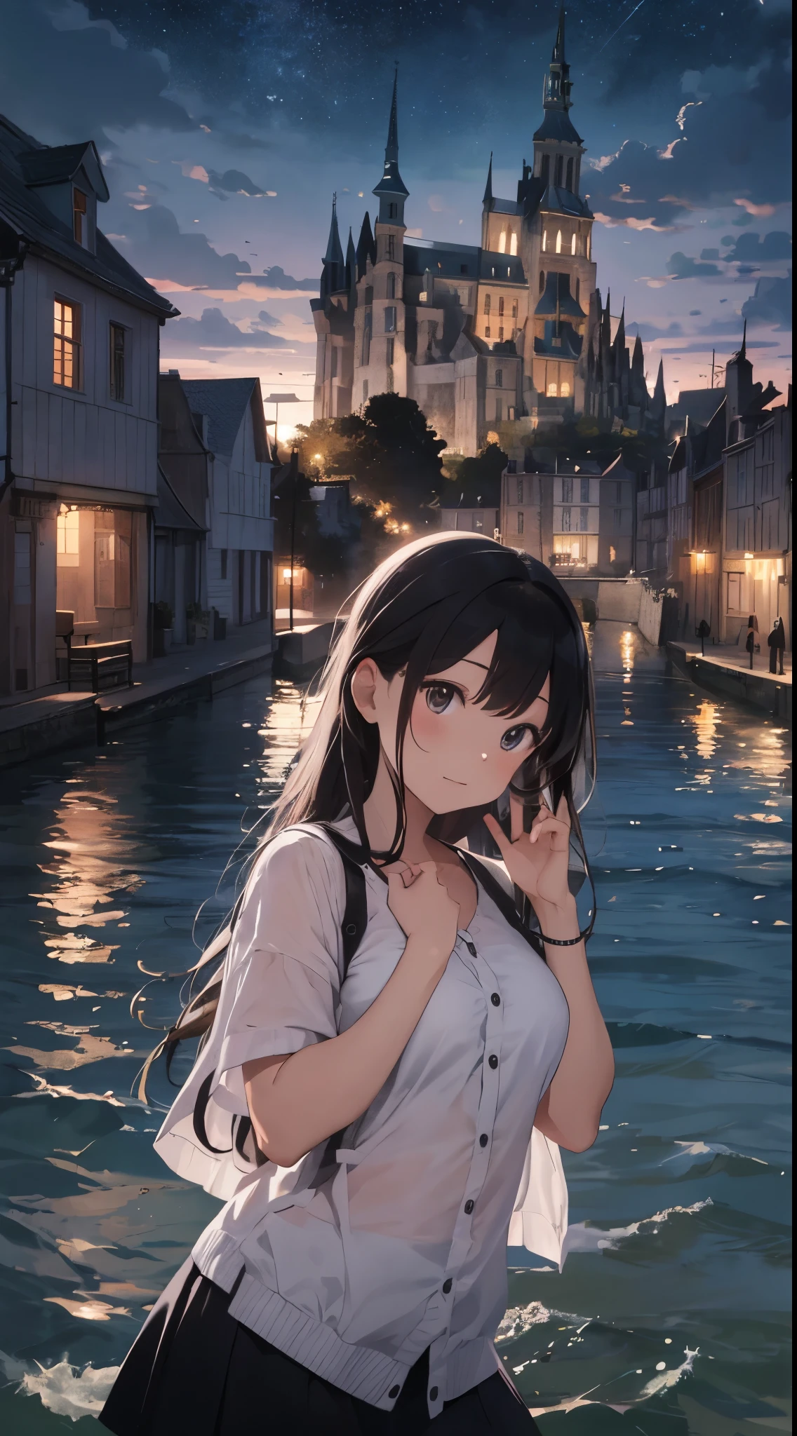 Create a masterpiece image set in Mont Saint-Michel and its bay at night。The scene is enveloped in the soft glow of moonlight、Cast long shadows、Illuminate the ancient architecture of the monastery。This girl is beautiful and adorable。She was exploring the historic site, wide-eyed in surprise。 She wears traditional costume and、The fabric is painted with maximum realism.、Different textures are emphasized。Her skin is also rendered in great detail、Captures subtle changes in texture and color。 The bay around her is calm and、The surface of the water plays the role of a mirror、It reflects the moonlight and the silhouette of Mont Saint-Michel。Delicately depicting the reflection of the water surface、Captures subtle ripples and play of light。 The girl was looking up at the camera curiously.、Gives the impression that the viewer is looking down on her。This sense of perspective is、It can be achieved using the fisheye effect to distort the image to create a wide panoramic or hemispherical view。 The overall quality of the image must be of the highest standard、Emphasis on enhancing the quality of details。The final artwork is、With the innocence of the girl、Mont Saint-Michel and its timeless beauty at night will be a celebration of the bay。