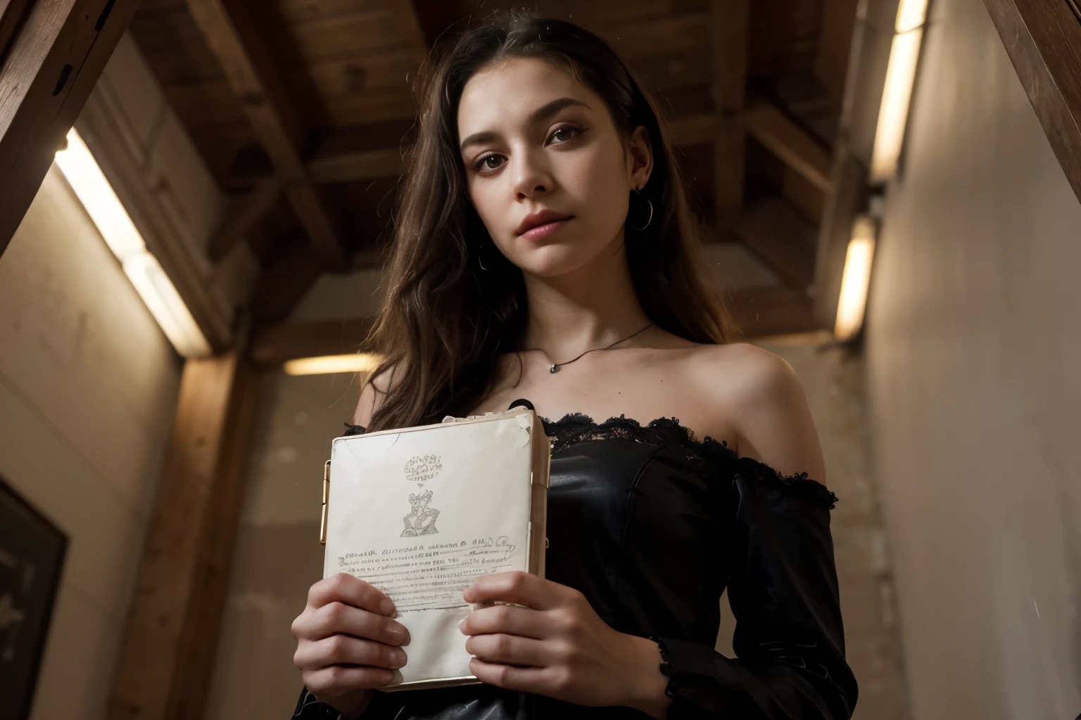 ((best quality)), ((masterpiece)), (detailed), Setting: A dusty, cobweb-draped attic in a sprawling Victorian mansion. Moonlight spills through a single, grime-coated window, illuminating motes dancing in the air.
Character: In the center of the frame stands a young woman, perhaps 18 or 19, her gaze fixed directly at the camera. Her pale skin and dark circles hint at sleepless nights.
Details:
Her clothing is a mix of modern and gothic: ripped black jeans paired with a tattered lace blouse and a heavy silver locket.
Her hair, a cascade of raven curls, is adorned with a single white spider lily tucked behind her ear.
Her eyes, an unsettling shade of violet, hold a curious mix of defiance and melancholy.
In her hand, she clutches a leather-bound journal, its pages filled with cryptic symbols and faded script.