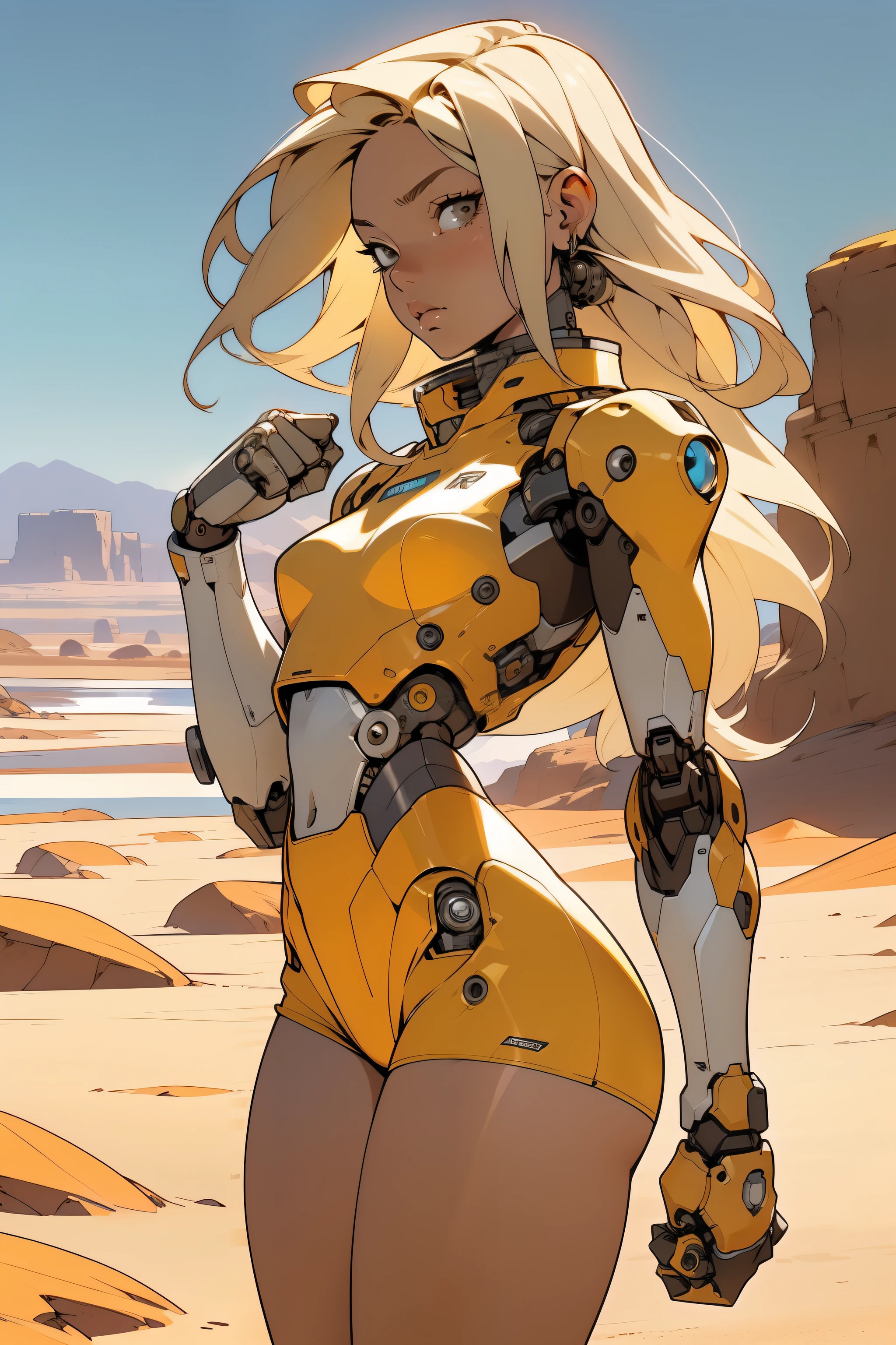 high quality, 4k, masterpiece, beautiful, cyborg girl, cowboy shot, dull eyes, front, looking at viewer, long blonde hair, girl, small breasts, fit thighs, robotic arms, robotic body, cyborg body, white & yellow uniform, orange accent, intricate detail, joint, detailed lines, robotic detail, holding fist up, holding hand up as fist, color robotic parts, robotic parts with color, perfect fingers, on a desert planet, sunny background, colorful desert, a river or a lake in the background, slender thighs, skinny thighs, thin thighs