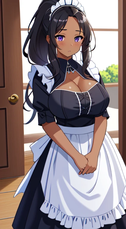 masterpiece, best quality, anime Illustration, 4k, 1 girl, solo, standing, long hair, black hair, violet eyes, high ponytail, maid outfit, maid dress, cleavage, big breasts, huge breasts, looking_at_viewer, humiliated, blushing, embarrassed, upper_body, dark skin, ((Village background:1.0)), ((dark skin: 1.5)), , ((parted bangs: 1.4)),  parted bangs, large forehead, purple eyes, 