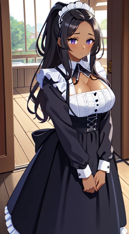 masterpiece, best quality, anime Illustration, 4k, 1 girl, solo, standing, long hair, black hair, violet eyes, high ponytail, maid outfit, maid dress, cleavage, big breasts, huge breasts, looking_at_viewer, humiliated, blushing, embarrassed, upper_body, dark skin, ((Village background:1.0)), ((dark skin: 1.5)), , ((parted bangs: 1.4)),  parted bangs, large forehead, purple eyes, 