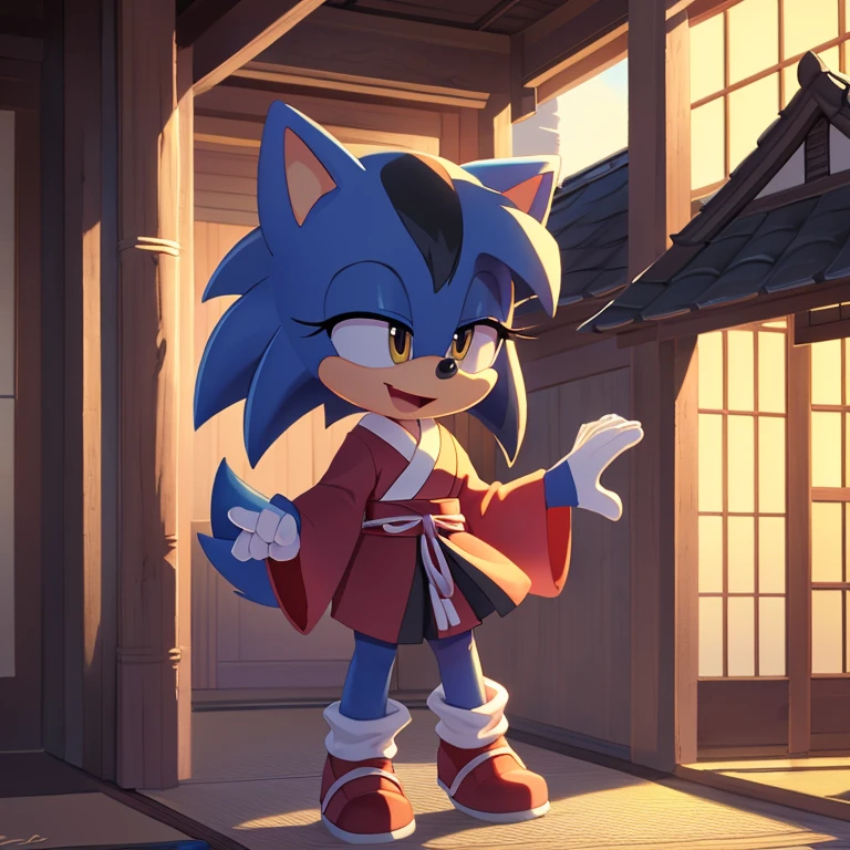 best quality, ultra-detailed, cinematic lighting, beautiful lighting, ((Masterpiece, humanoid hands)), hi res, detailed, detailed background, vibrant lighting, high quality, cartoon style, 2d, (mobian:1.1), solo, 1girl, (blue mobian hedgehog), blue body fur, (blue head spikes, black highlights:1.3), three tails, yellow eyes, lean body, ((wearing red Kimino)), ((japanies houses)), ((celebrating)), happy