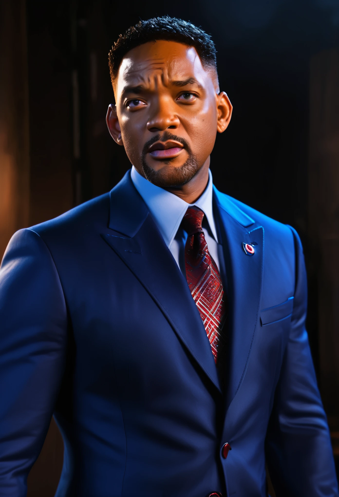 . .Tarantino style Will Smith as Captain America 8k, high definition, detailed face, detailed face, detailed eyes, detailed suit, in style of marvel and dc, hyper-realistic, + cinematic shot + dynamic composition, incredibly detailed, sharpen, details + superb details + evening with light + perfectionism + award winning realism ((moody lighting))