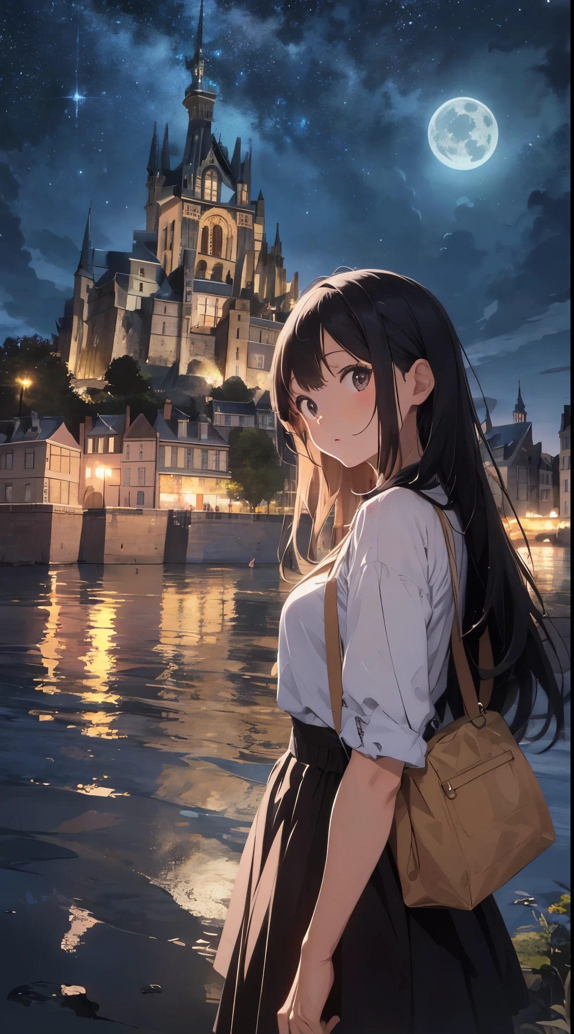 Create a masterpiece image set in Mont Saint-Michel and its bay at night。The scene is enveloped in the soft glow of moonlight、Cast long shadows、Illuminate the ancient architecture of the monastery。This girl is beautiful and adorable。She was exploring the historic site, wide-eyed in surprise。 She wears traditional costume and、The fabric is painted with maximum realism.、Different textures are emphasized。Her skin is also rendered in great detail、Captures subtle changes in texture and color。 The bay around her is calm and、The surface of the water plays the role of a mirror、It reflects the moonlight and the silhouette of Mont Saint-Michel。Delicately depicting the reflection of the water surface、Captures subtle ripples and play of light。 The girl was looking up at the camera curiously.、Gives the impression that the viewer is looking down on her。This sense of perspective is、It can be achieved using the fisheye effect to distort the image to create a wide panoramic or hemispherical view。 The overall quality of the image must be of the highest standard、Emphasis on enhancing the quality of details。The final artwork is、With the innocence of the girl、Mont Saint-Michel and its timeless beauty at night will be a celebration of the bay。