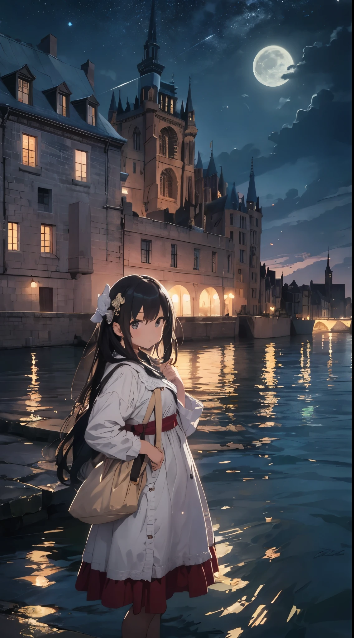 Create a masterpiece image set in Mont Saint-Michel and its bay at night。The scene is enveloped in the soft glow of moonlight、Cast long shadows、Illuminate the ancient architecture of the monastery。This girl is beautiful and adorable。She was exploring the historic site, wide-eyed in surprise。 She wears traditional costume and、The fabric is painted with maximum realism.、Different textures are emphasized。Her skin is also rendered in great detail、Captures subtle changes in texture and color。 The bay around her is calm and、The surface of the water plays the role of a mirror、It reflects the moonlight and the silhouette of Mont Saint-Michel。Delicately depicting the reflection of the water surface、Captures subtle ripples and play of light。 The girl was looking up at the camera curiously.、Gives the impression that the viewer is looking down on her。This sense of perspective is、It can be achieved using the fisheye effect to distort the image to create a wide panoramic or hemispherical view。 The overall quality of the image must be of the highest standard、Emphasis on enhancing the quality of details。The final artwork is、With the innocence of the girl、Mont Saint-Michel and its timeless beauty at night will be a celebration of the bay。