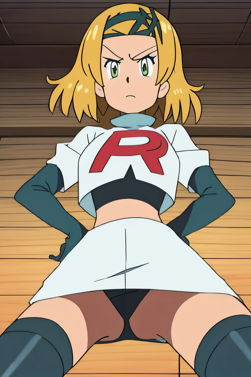 masterpiece,best quality,high res,high quality,8k, masterpiece,highres, team rocket uniform, red letter r, white skirt,white crop top,black thigh-high boots, black elbow gloves, glaring angrily, looking down at viewer, hands on hips, cowboy shot, zettai ryouiki,spread legs,from below, black panties,anime style, vivid colors, sharp focus, intense lighting,natalia lkl,hair flower