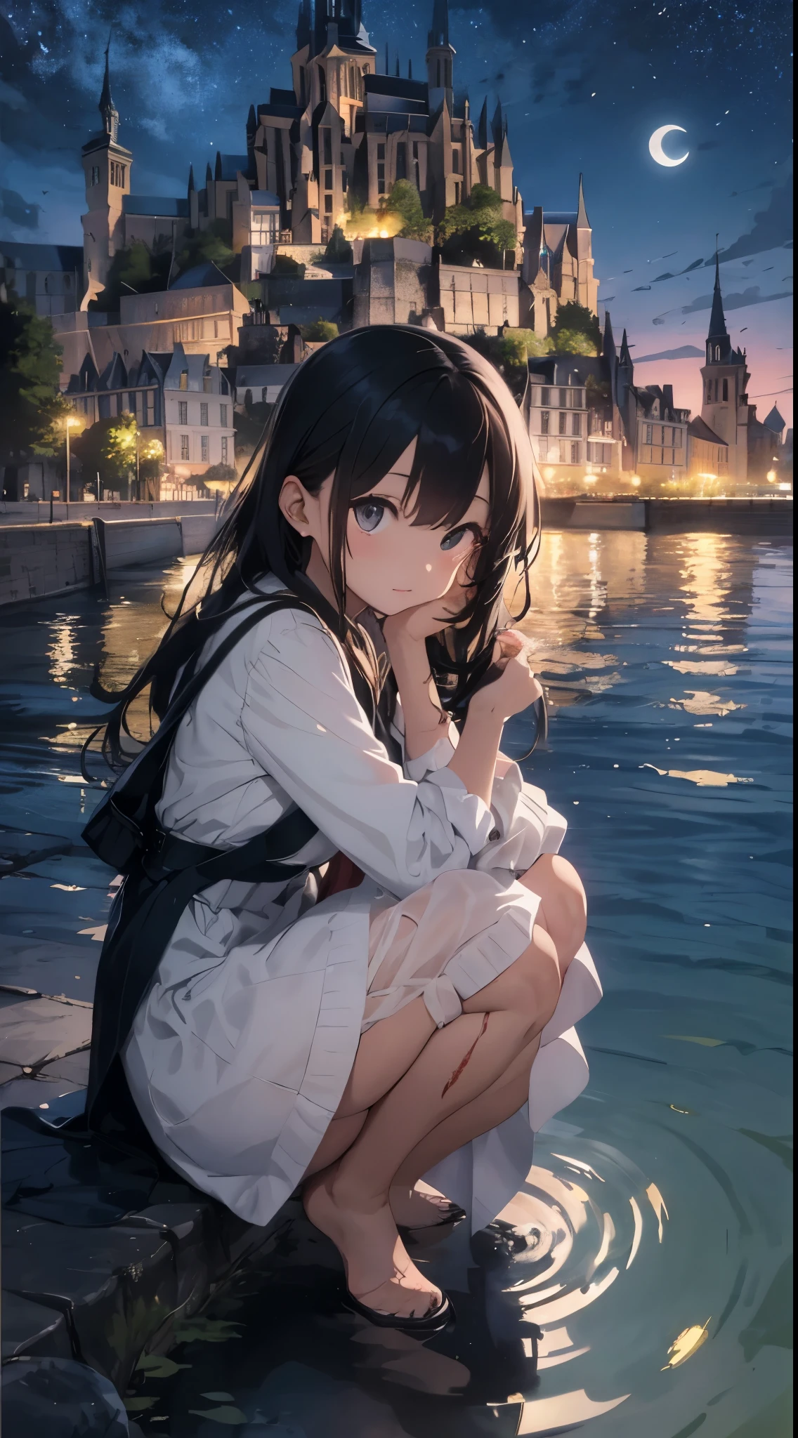 Create a masterpiece image set in Mont Saint-Michel and its bay at night。The scene is enveloped in the soft glow of moonlight、Cast long shadows、Illuminate the ancient architecture of the monastery。This girl is beautiful and adorable。She was exploring the historic site, wide-eyed in surprise。 She wears traditional costume and、The fabric is painted with maximum realism.、Different textures are emphasized。Her skin is also rendered in great detail、Captures subtle changes in texture and color。 The bay around her is calm and、The surface of the water plays the role of a mirror、It reflects the moonlight and the silhouette of Mont Saint-Michel。Delicately depicting the reflection of the water surface、Captures subtle ripples and play of light。 The girl was looking up at the camera curiously.、Gives the impression that the viewer is looking down on her。This sense of perspective is、It can be achieved using the fisheye effect to distort the image to create a wide panoramic or hemispherical view。 The overall quality of the image must be of the highest standard、Emphasis on enhancing the quality of details。The final artwork is、With the innocence of the girl、Mont Saint-Michel and its timeless beauty at night will be a celebration of the bay。