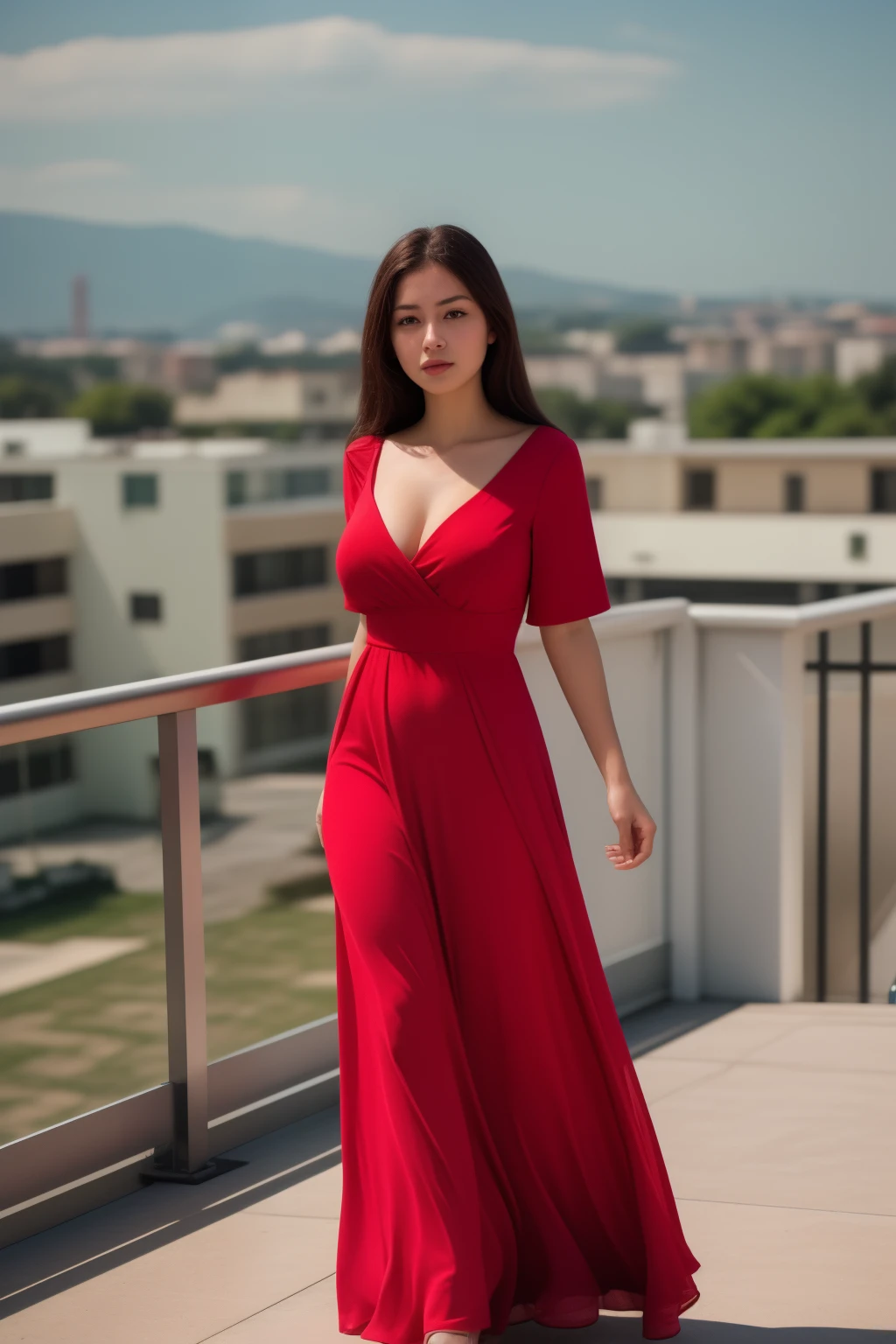 woman in long dress , Standing on the Rooftop, full body shot