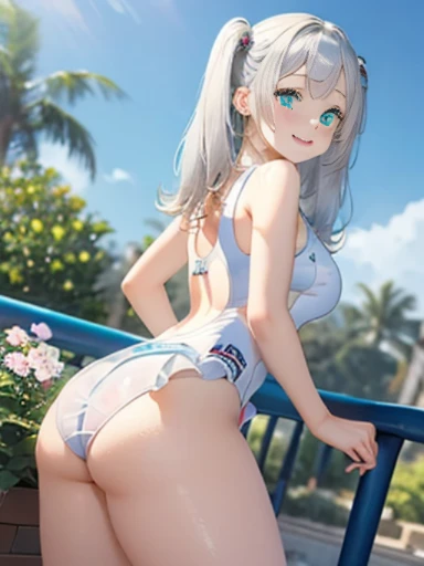 小さなgirl、Cowboy Shot、The arrival of spring、pantyhose、Thick thighs、Thick thighs、Thick thighs、 (alone:1.5,)Very detailed,Bright colors, Very beautiful detailed anime faces and eyes, ,Showing her ass, Shiny_skin,girl, ((Silver Long Hair,Inner color is red 、Forehead is exposed.、Green Eyes、、Shiny hair, Delicate beautiful face, blush、(Turquoise Eyes), White skin, Valletta, Earrings,、blue flower field、(((See-through one-piece swimsuit、White mini skirt)))、Twin tails、smile、Happy Face、face dyed red、On all fours