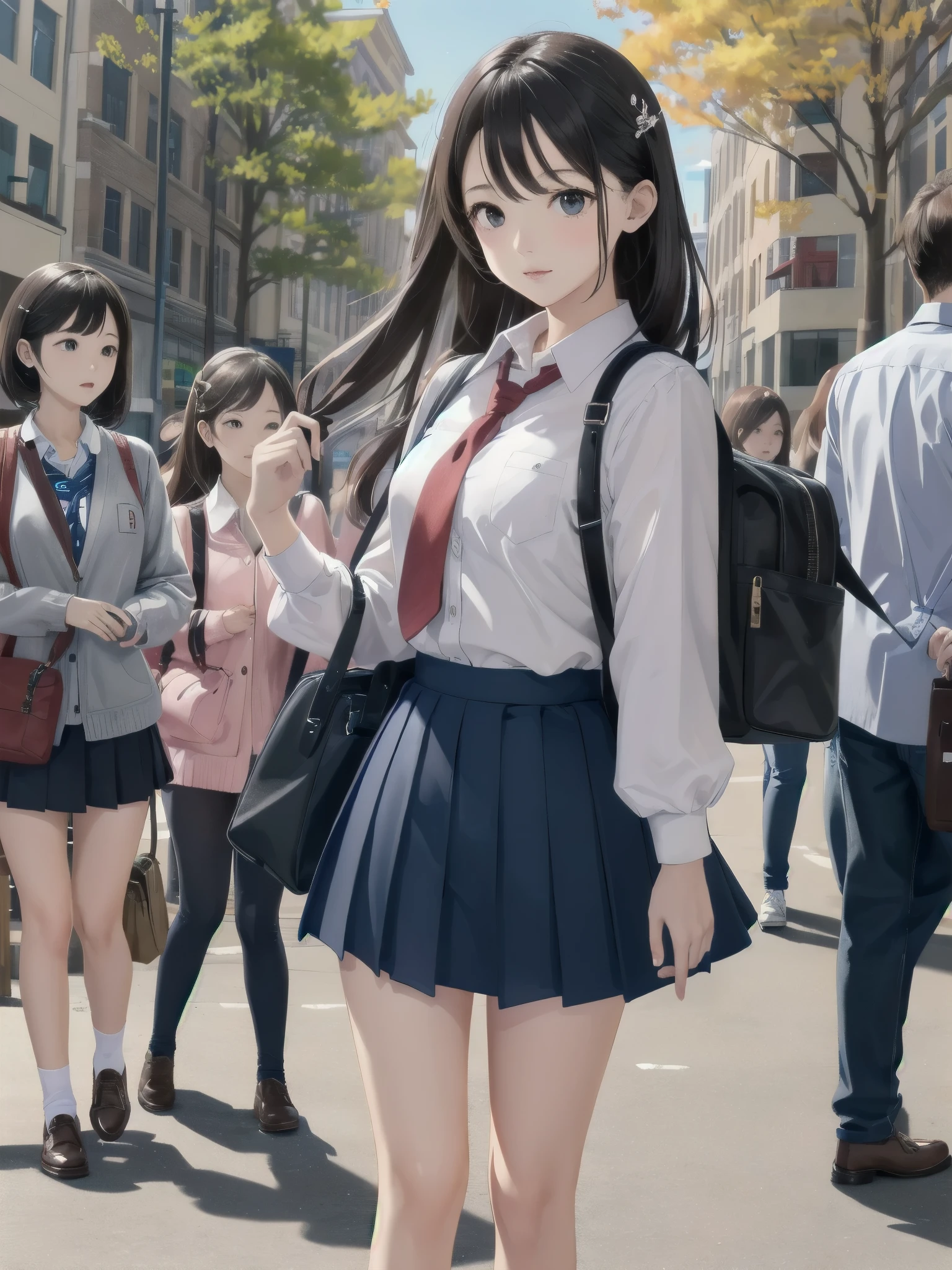 One girl, spring, high school, , warm colours, schoolbag, accurate and very detailed background, crowd of schoolgirls in uniform with various body shapes and hairstyles, cute.