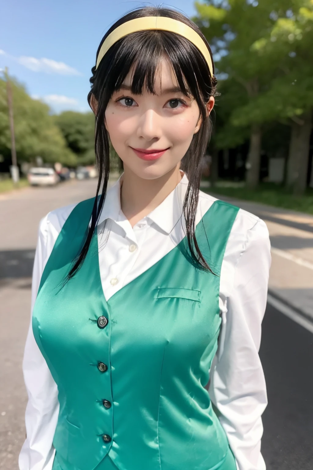 yor_briar, 1girl, standing, ((leaning forward)), (cowboy shot, upper body), white hairband, ((twintails, sidelocks)), dark hair, green vest, white shirt, long sleeves, green pencil skirt, thighs, pale skin,fine textured skin,
(best quality,masterpiece:1.2),(realistic,photo-realistic:1.4), high resolution,ultra-high detailed,extremely detailed,finely detaied,intricate,extremely delicate and beautiful,official art,CG unity 8k wallpaper,absurdres,huge filesize,beautiful detailed girl, cinematic lighting, ray tracing,
outdoors, city landscape, street, bridge, in London