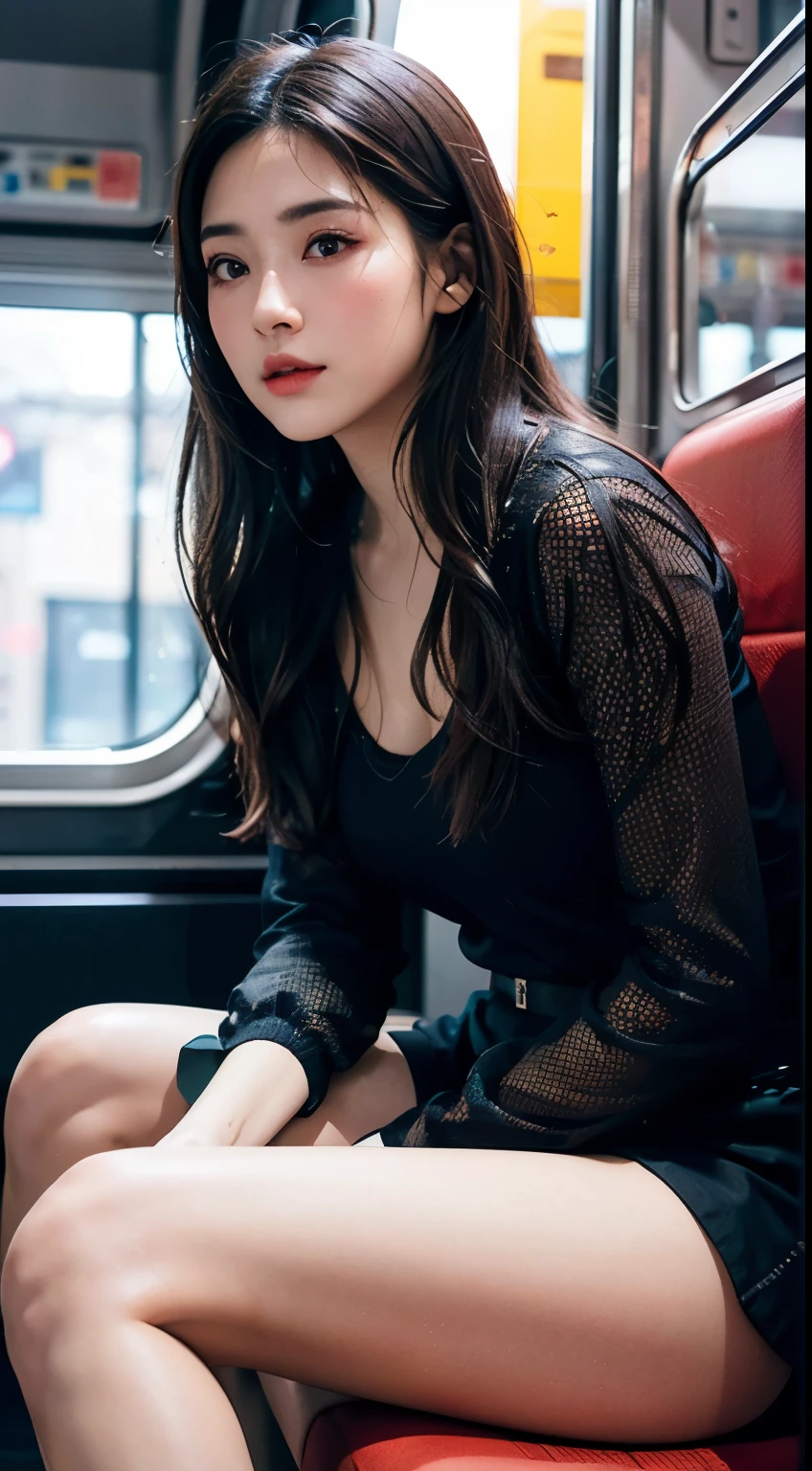 "(masterpiece, HD, Ultra HD, 4K) Black Hair, 14 year old Japanese girl, skirt, Emphasize the thighs, White thighs, soft thighs, glossy thighs, sitting on the train, Face to face angle, (From the angle from below),Sitting on a train seat,Sit in the front,Zoom camera in the crotch,Feet on the train floor,whole body,Head down and sleepy-eyed,Just looking at the audience", best quality, 超HD, (Reality:1.4),, high resolution, detail, original photo, Sharp Reinsurance, Nikon d850 film stock photos，author：Lee Jefferies 4 Kodak Portra 400 Camera F1.6 lenses，colorful，Ultra-realistic，Vivid textures，Beautiful lighting，Unreal Engine，ArtStation Trends，cinestir 800, (Movie Digital Artwork: 1.3), high quality,  highest quality, Super Detail, illustration, [4k digital art]、 Lindsgnar, (Sharp focus: 1.5), (Mood lighting:1.2), Depth of Field, Bokeh, 4K 、high resolution, Ultra Detailed, Extremely detailed CG Unity 8K wallpaper, Practical, Photorealistic, original photo, Beautiful and delicate face, Pale skin, Realistic glowing skin, Detailed fabric texture, Detailed hair texture, Perfect body, Pretty Face, Acura, anatomically correct, The face is rich in detail, Eye and skin texture, natural neck length, (Beautiful eyes and beautiful hands), (Smooth skin:1.2),  detailed person、Delicate face、Detailed background、 from the side、 Dramatic cosmetic、cosmetic、Eye Makeup、mascara、Eyeliner、Eyeshadow、Rainbow colored contact lenses、