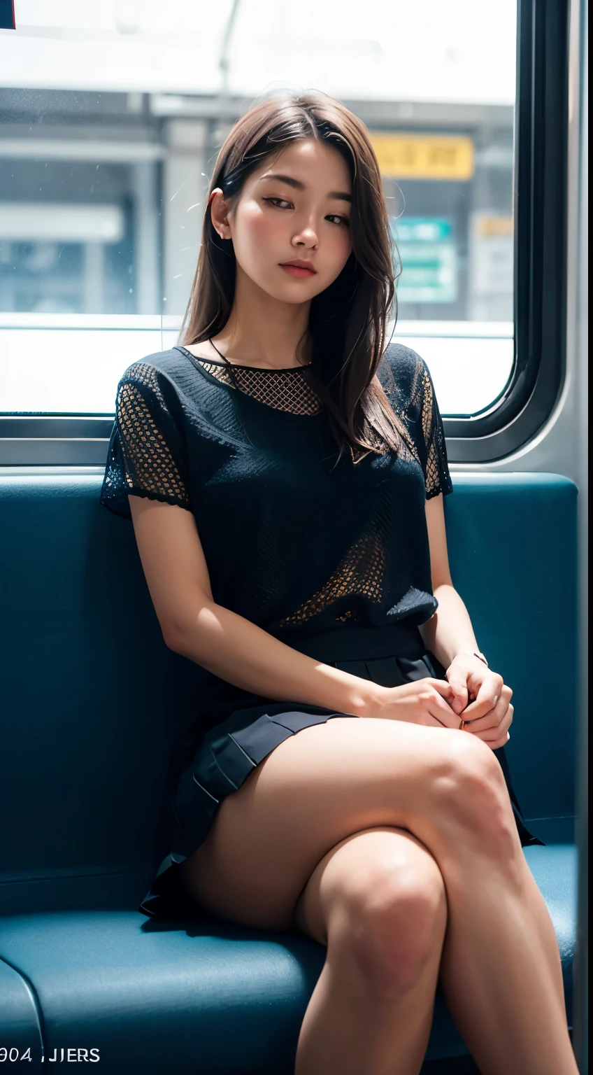 "(masterpiece, HD, Ultra HD, 4K) Black Hair,  Japanese girl, skirt, Emphasize the thighs, White thighs, soft thighs, glossy thighs, sitting on the train, Face to face angle, (From the angle from below),Sitting on a train seat,Sit in the front,Zoom camera in the crotch,Feet on the train floor,whole body,Head down and sleepy-eyed,Just looking at the audience", best quality, 超HD, (Reality:1.4),, high resolution, detail, original photo, Sharp Reinsurance, Nikon d850 film stock photos，author：Lee Jefferies 4 Kodak Portra 400 Camera F1.6 lenses，colorful，Ultra-realistic，Vivid textures，Beautiful lighting，Unreal Engine，ArtStation Trends，cinestir 800,