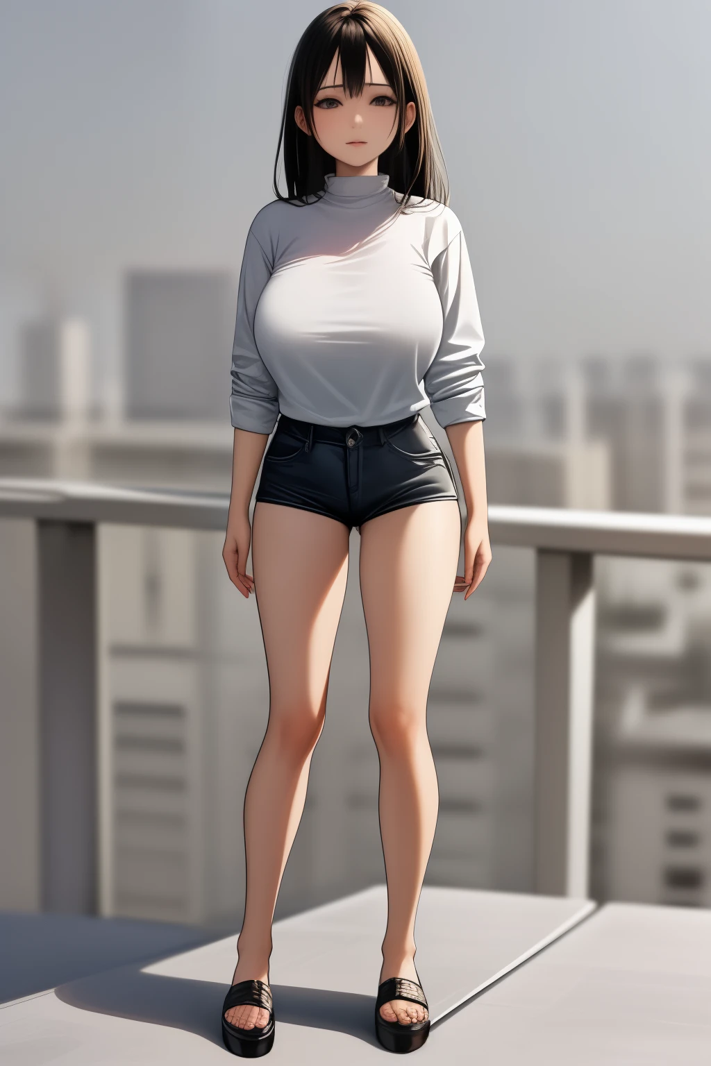 woman in short pants fashion , (Standing on the Rooftop:1.3), full body shot