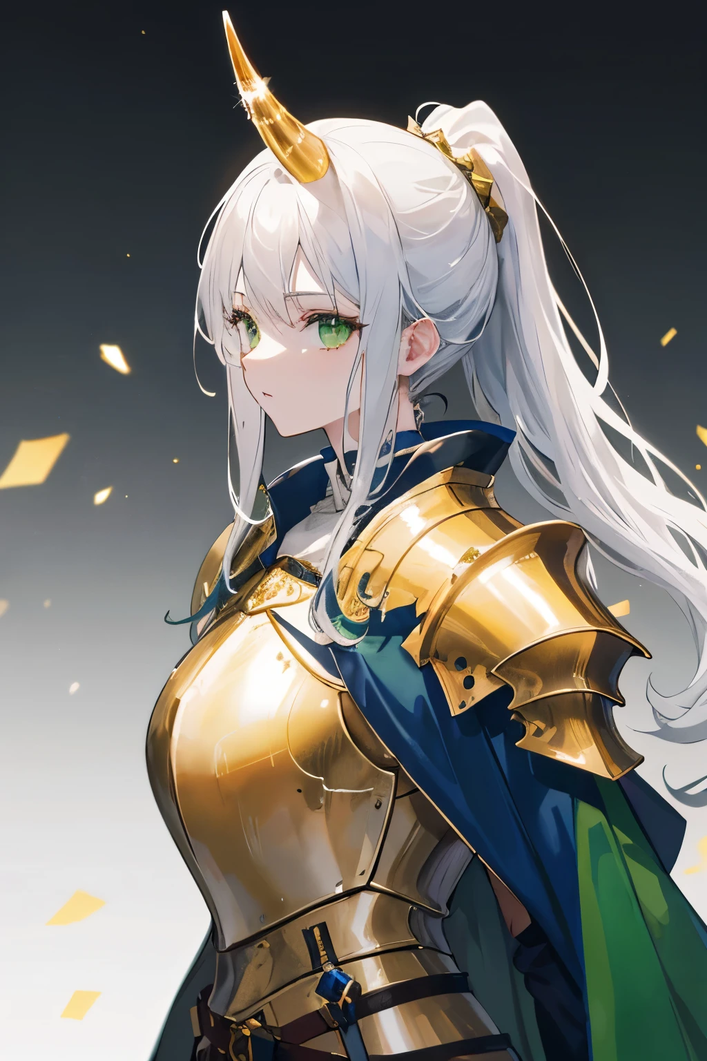 ((best quality)), ((masterpiece)), (detailed), perfect face a female knight with long silver hair in ponytail style, green eyes, wearing royal green armor with no silver but streaks of gold lining through the armor whilst being non bulky and a flowing green cloak, wearing wizard hat with single gold horn sticking from side of the hat. the hat is traced with gold.