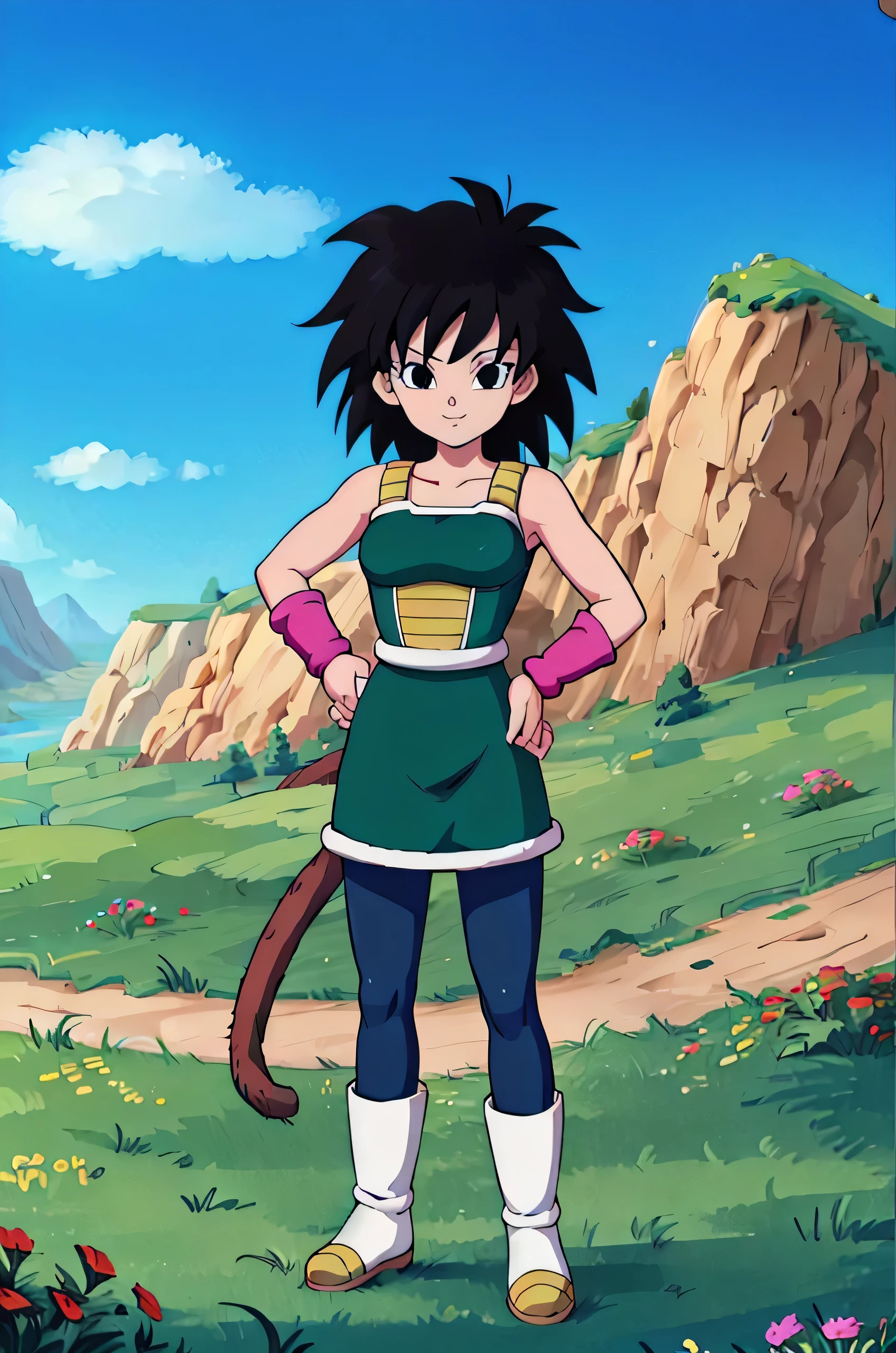 gine, spiky black hair, breasts, bare shoulders, collarbone, black eyes,bracers, monkey tail, (green saiyan armor), saiyan skirt, black pantyhose, white boots, looking at viewer, smiling, full body shot, standing, hand on hip, outside, park, grass, flowers, blue sky, high quality, masterpiece, 