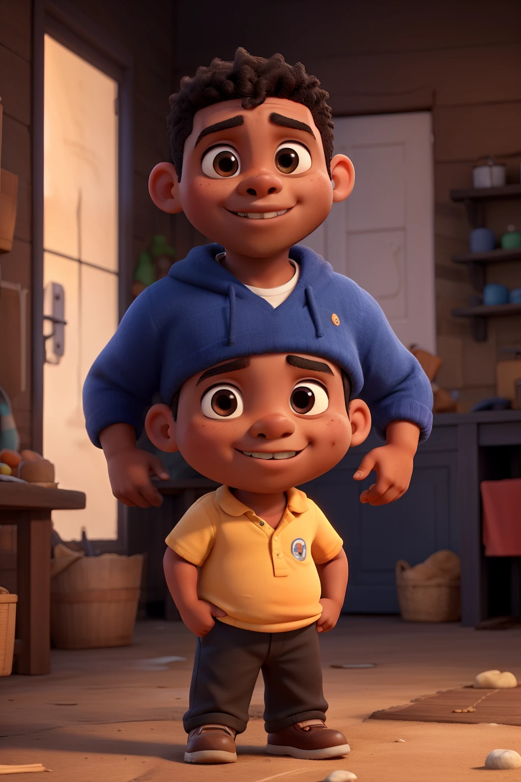 Create a dark-skinned boy who is small and chubby, who is on a hill, his house is blue, and he eats a Peruvian food called anticucho.