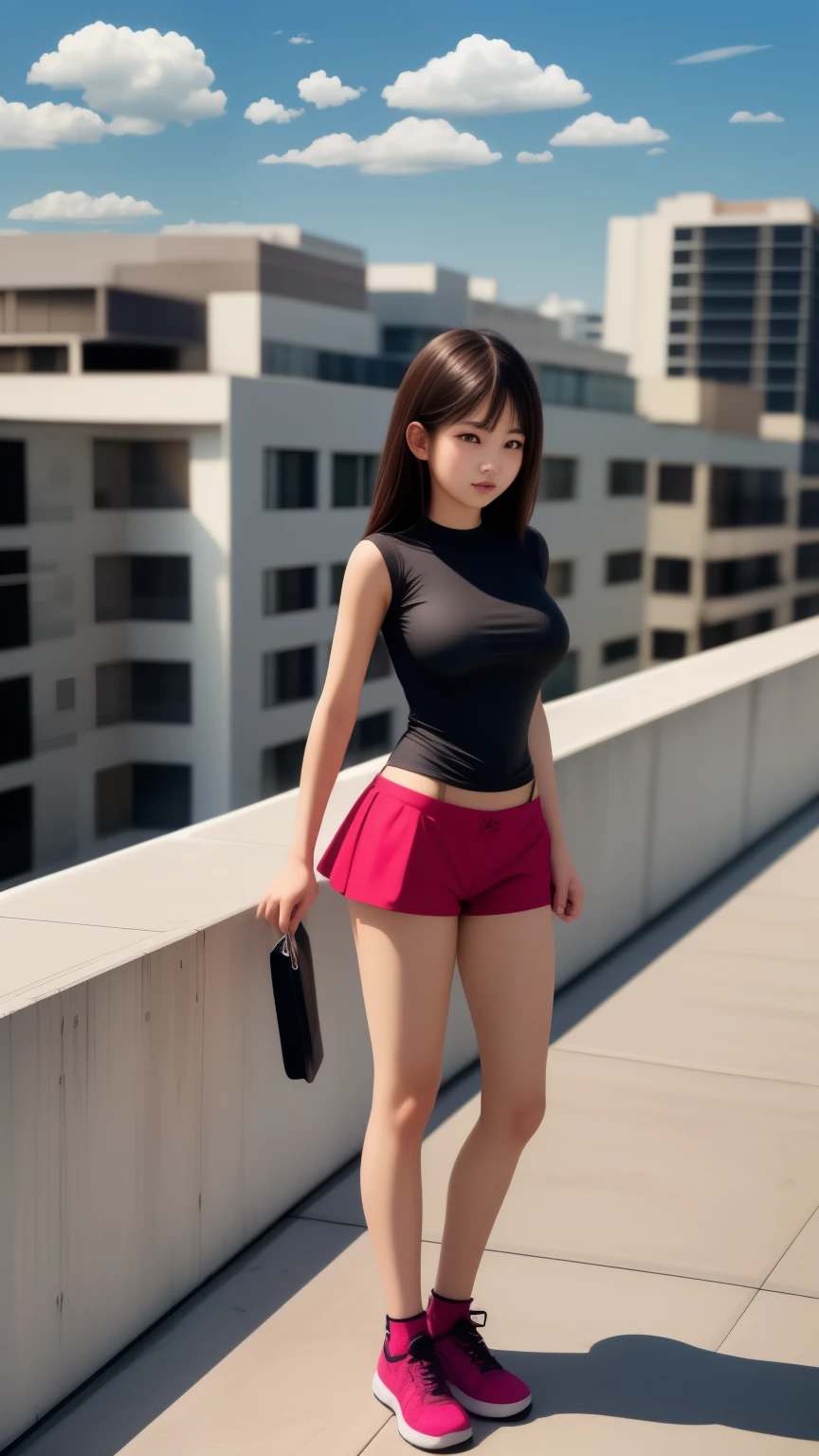 woman in short pants fashion , (Standing on the Rooftop:1.3), full body shot