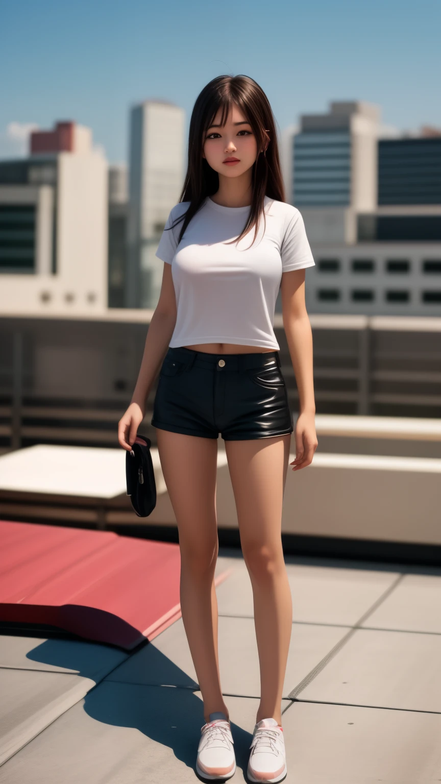 woman in short pants fashion , (Standing on the Rooftop:1.3), full body shot
